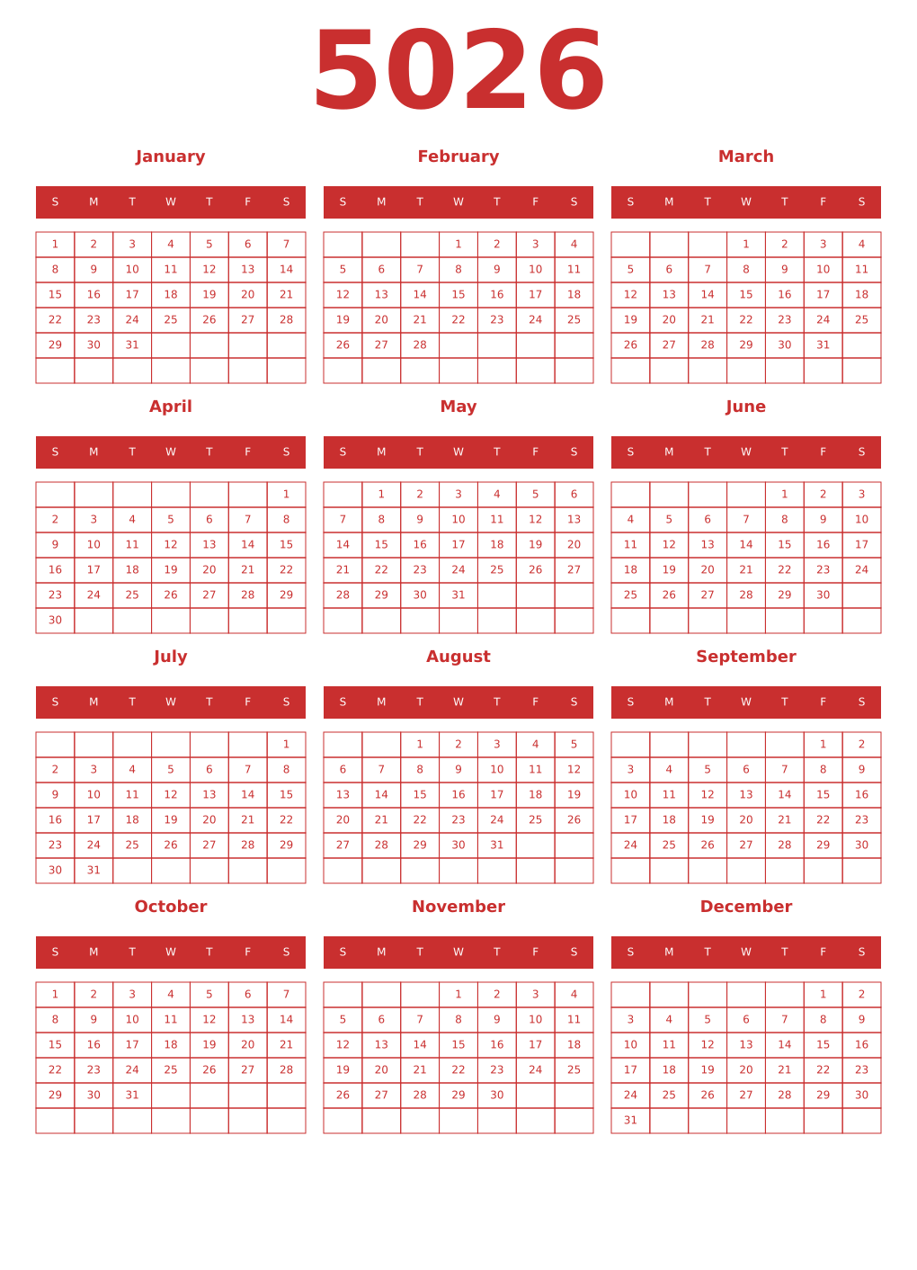 Printable 5026 Year Calendars red