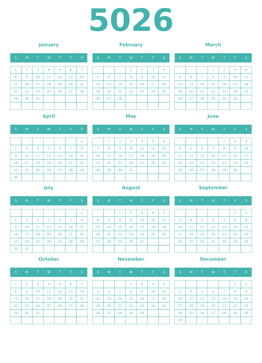 Printable 5026 Year Calendars verdigris