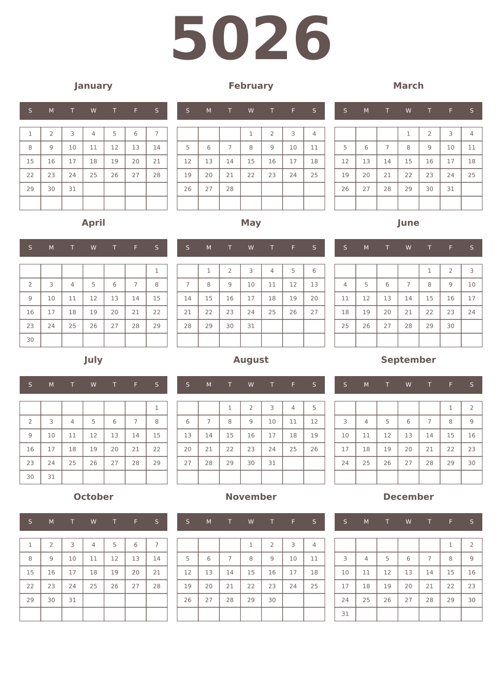 Printable 5026 Year Calendars wenge