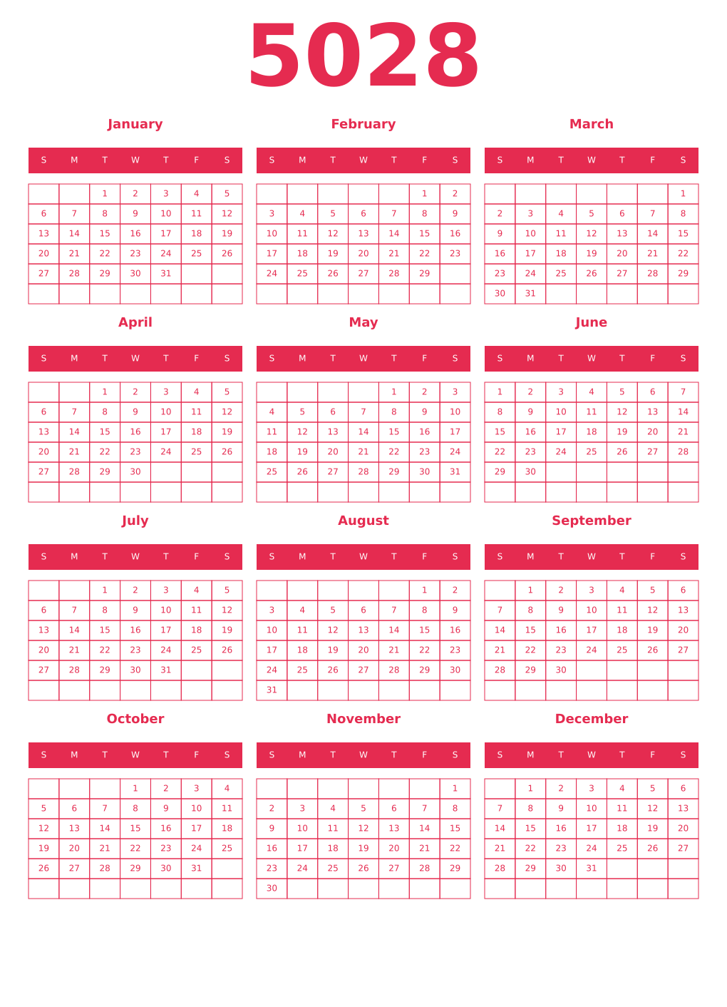 Printable 5028 Year Calendars amaranth