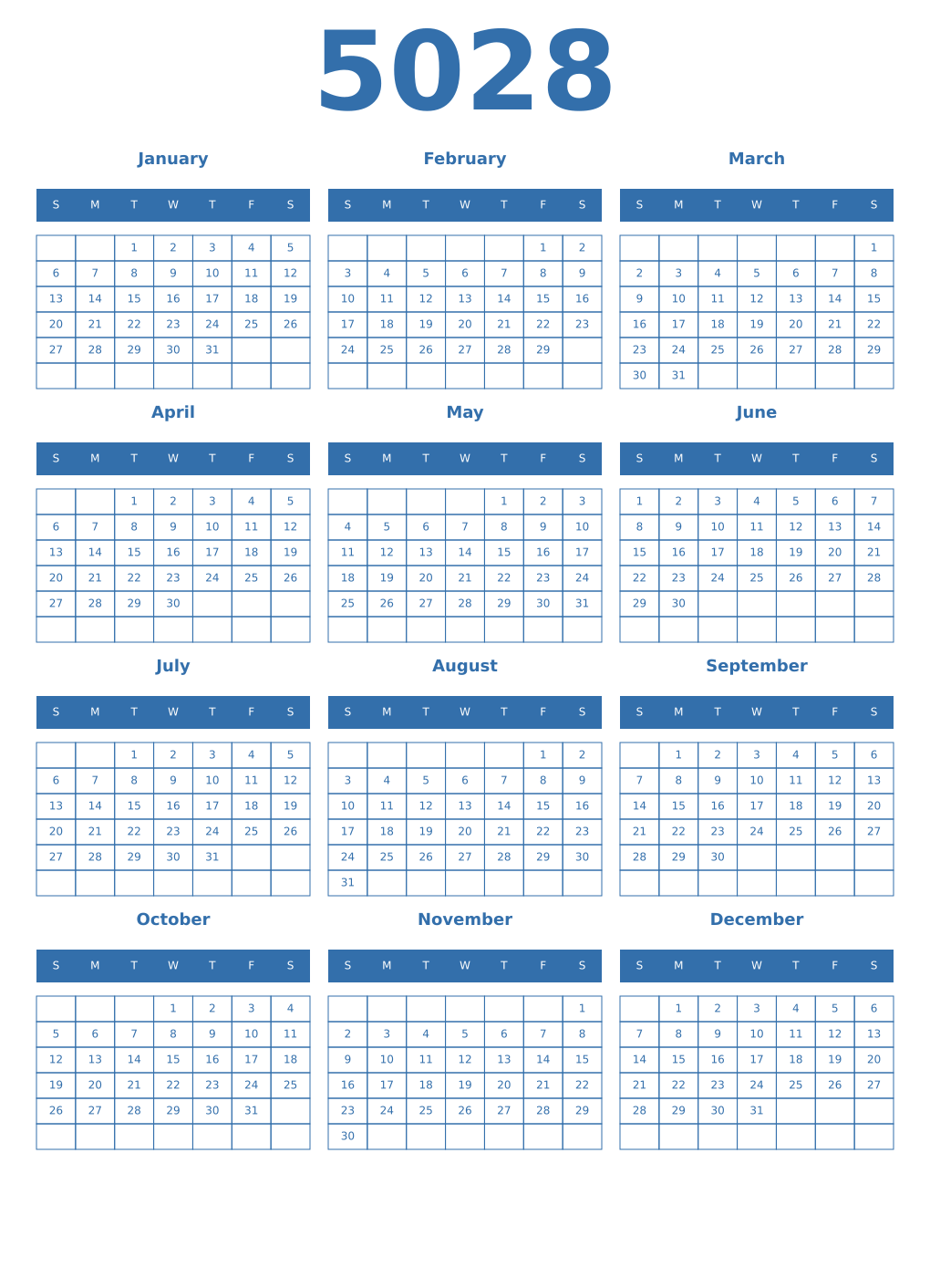 Printable 5028 Year Calendars blue