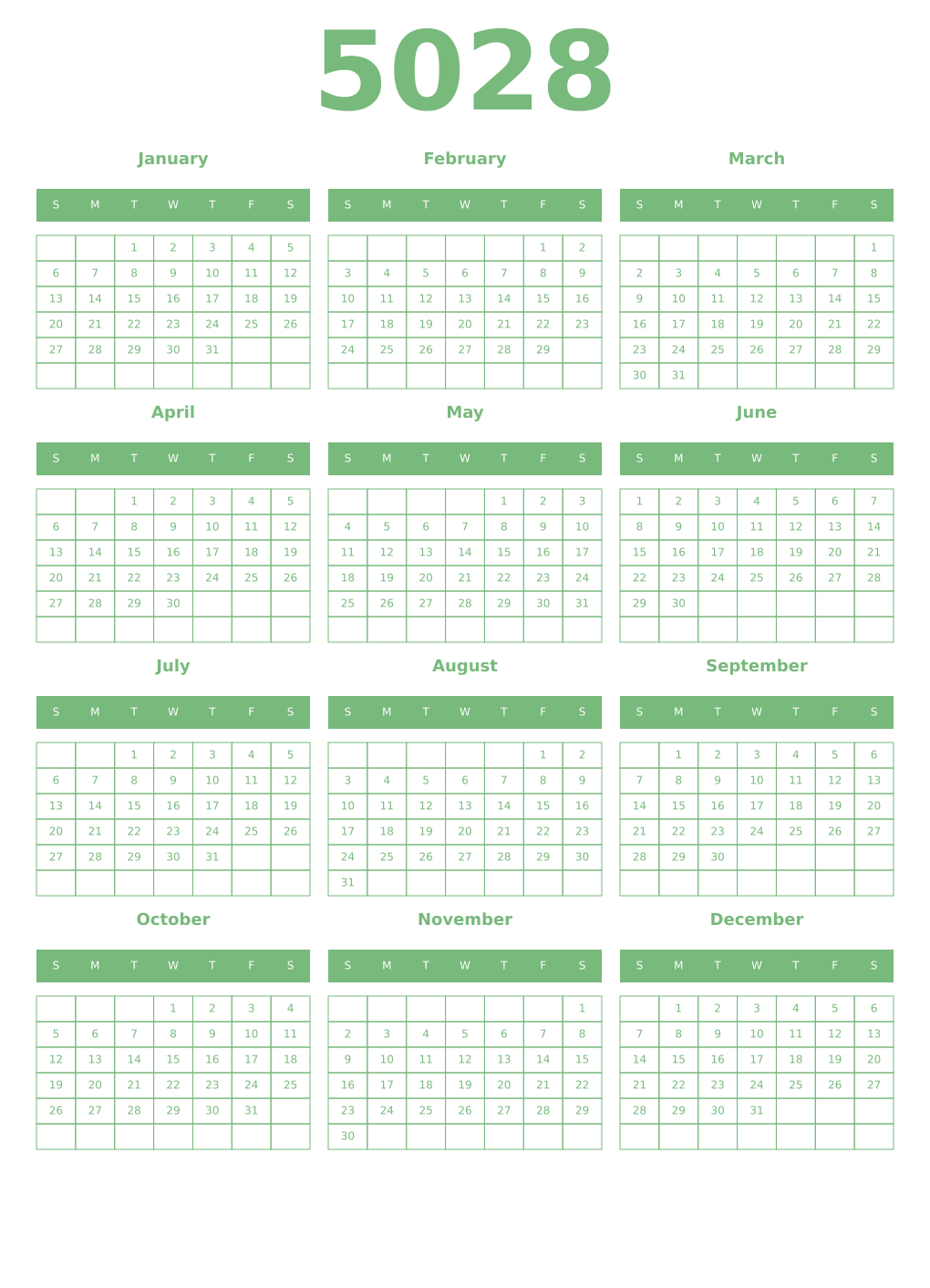 Printable 5028 Year Calendars celadon