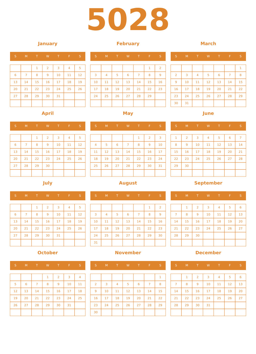 Printable 5028 Year Calendars orange