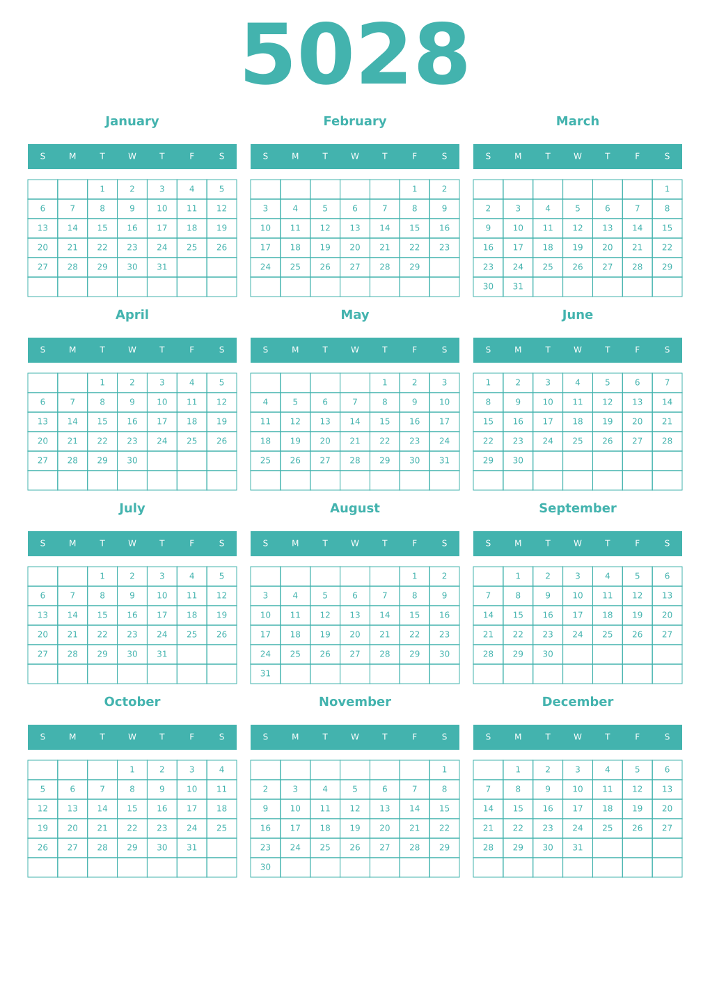Printable 5028 Year Calendars verdigris