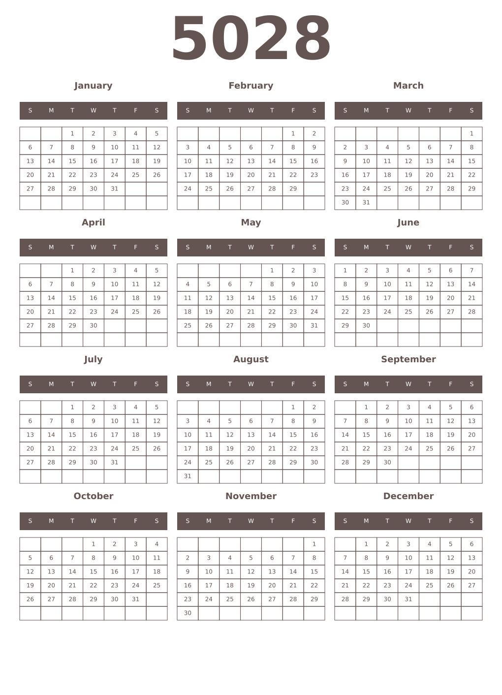 Printable 5028 Year Calendars wenge