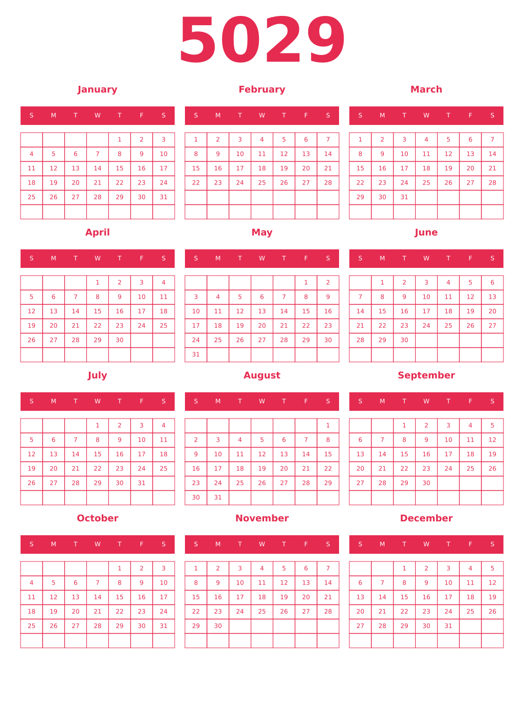 Printable 5029 Year Calendars amaranth