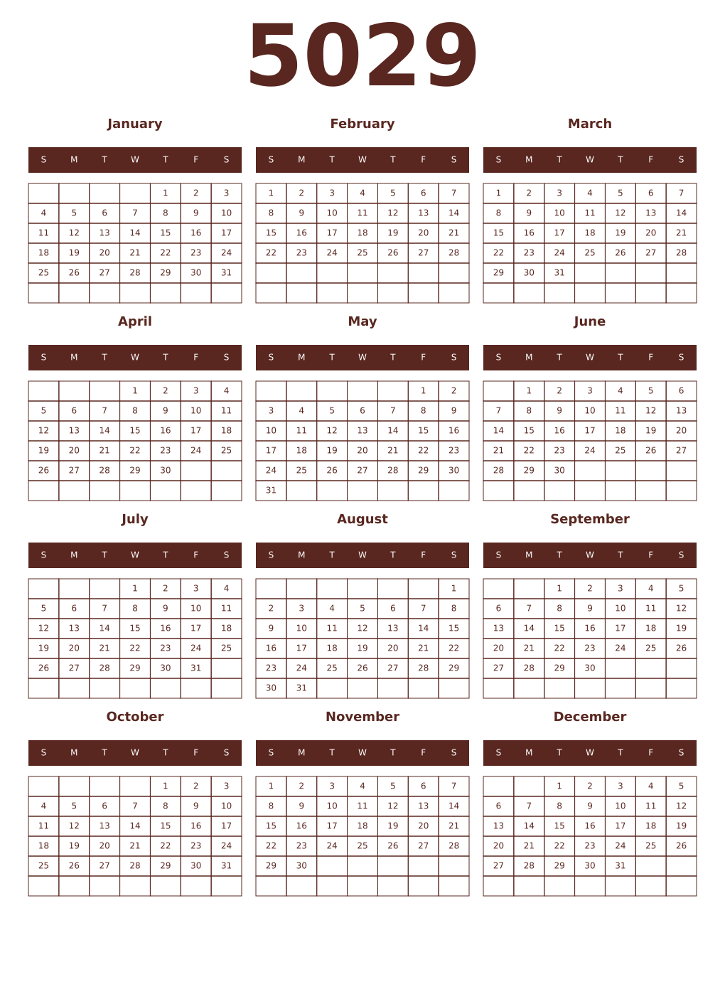 Printable 5029 Year Calendars mortuum