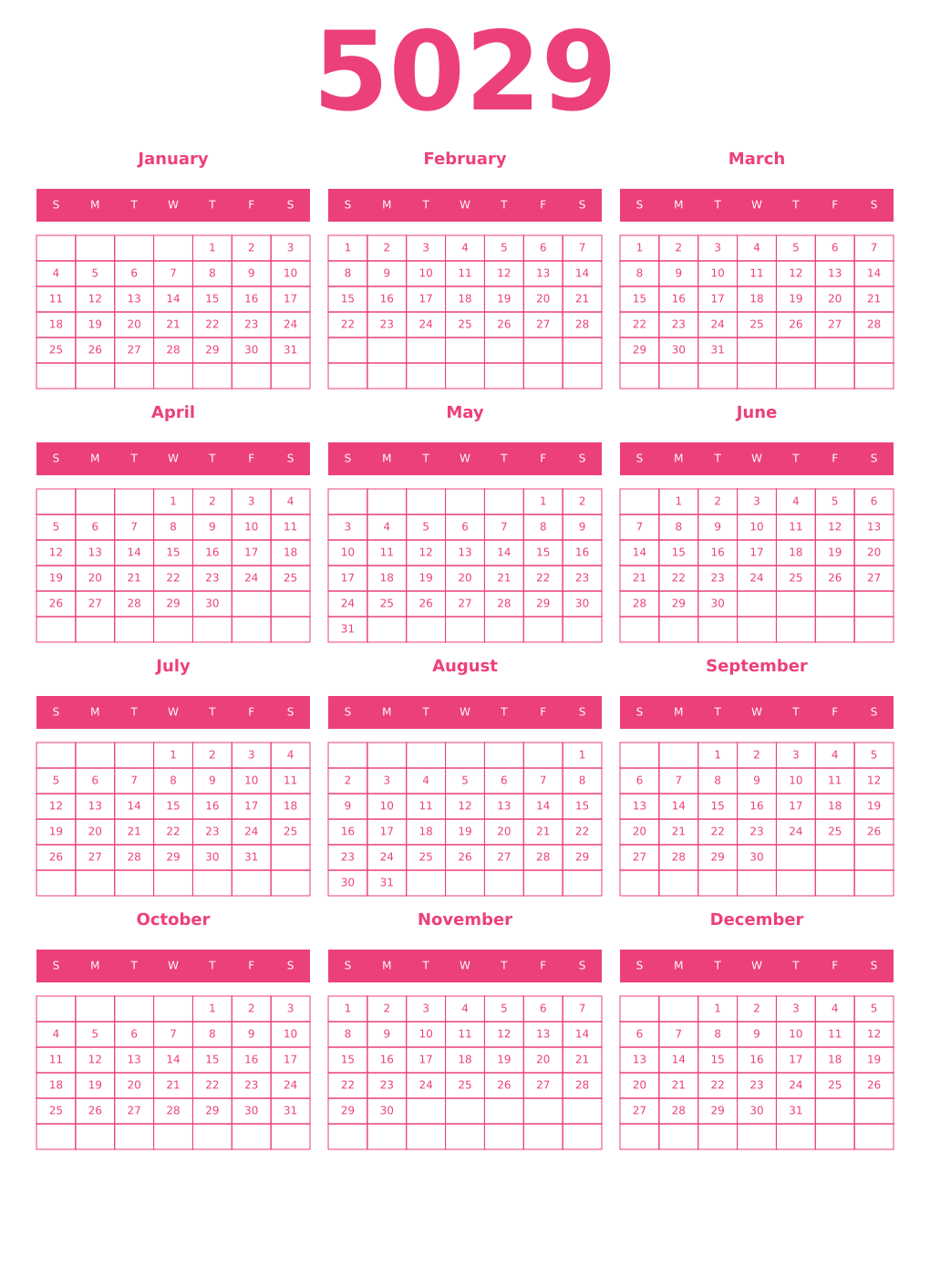 Printable 5029 Year Calendars pink