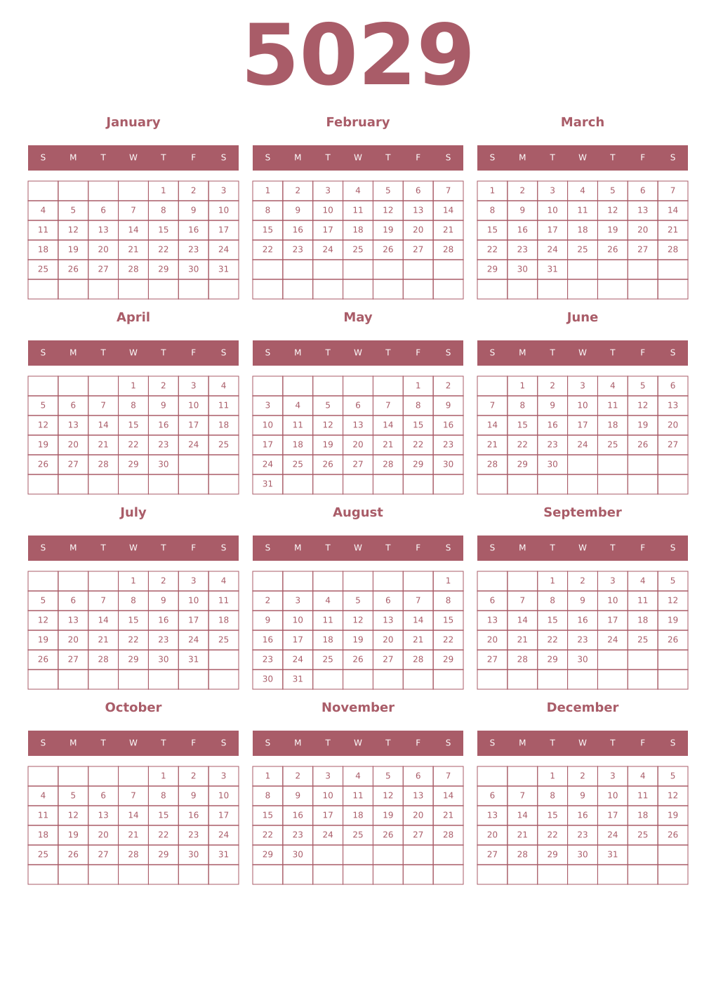 Printable 5029 Year Calendars puce