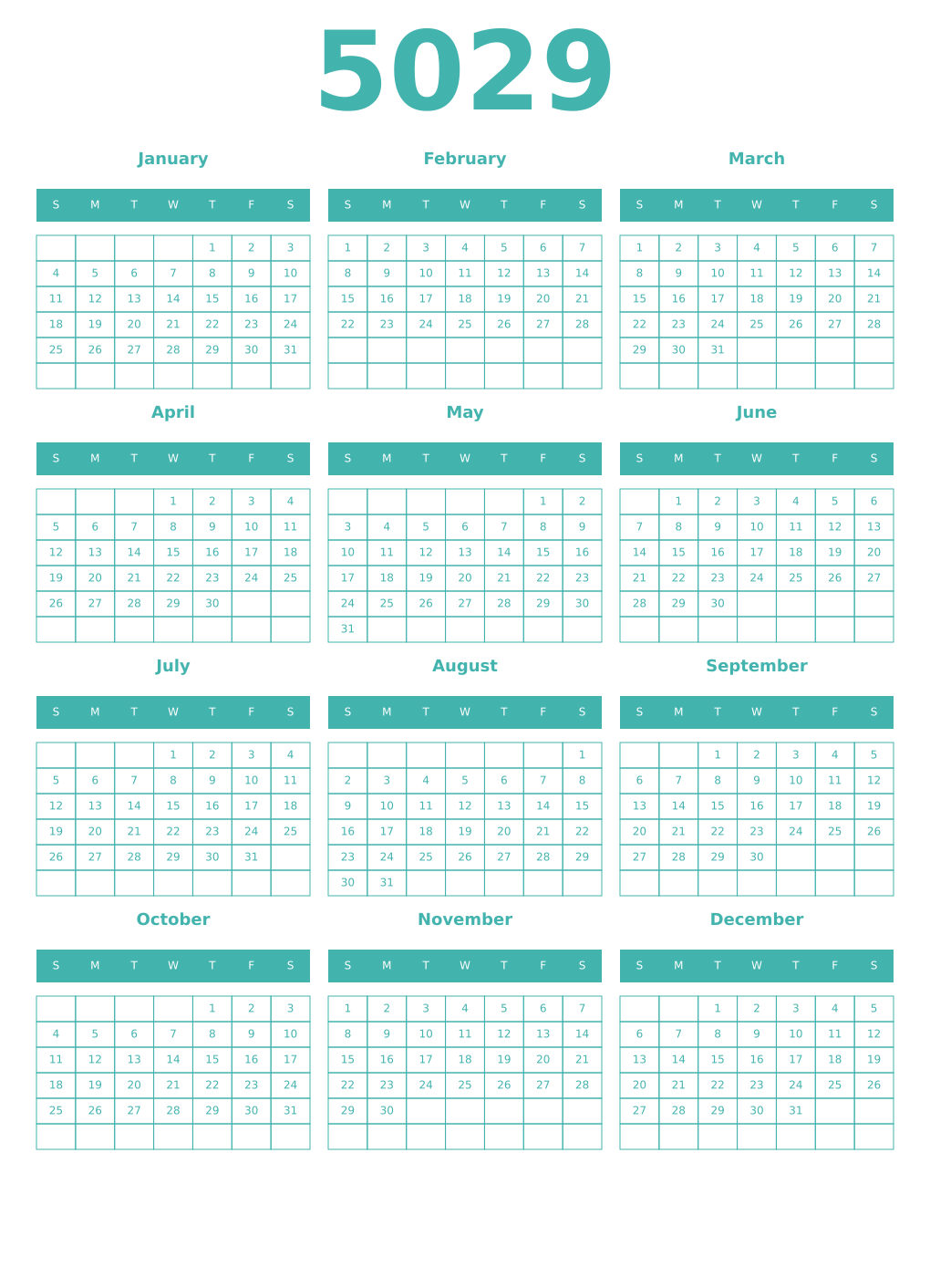 Printable 5029 Year Calendars verdigris