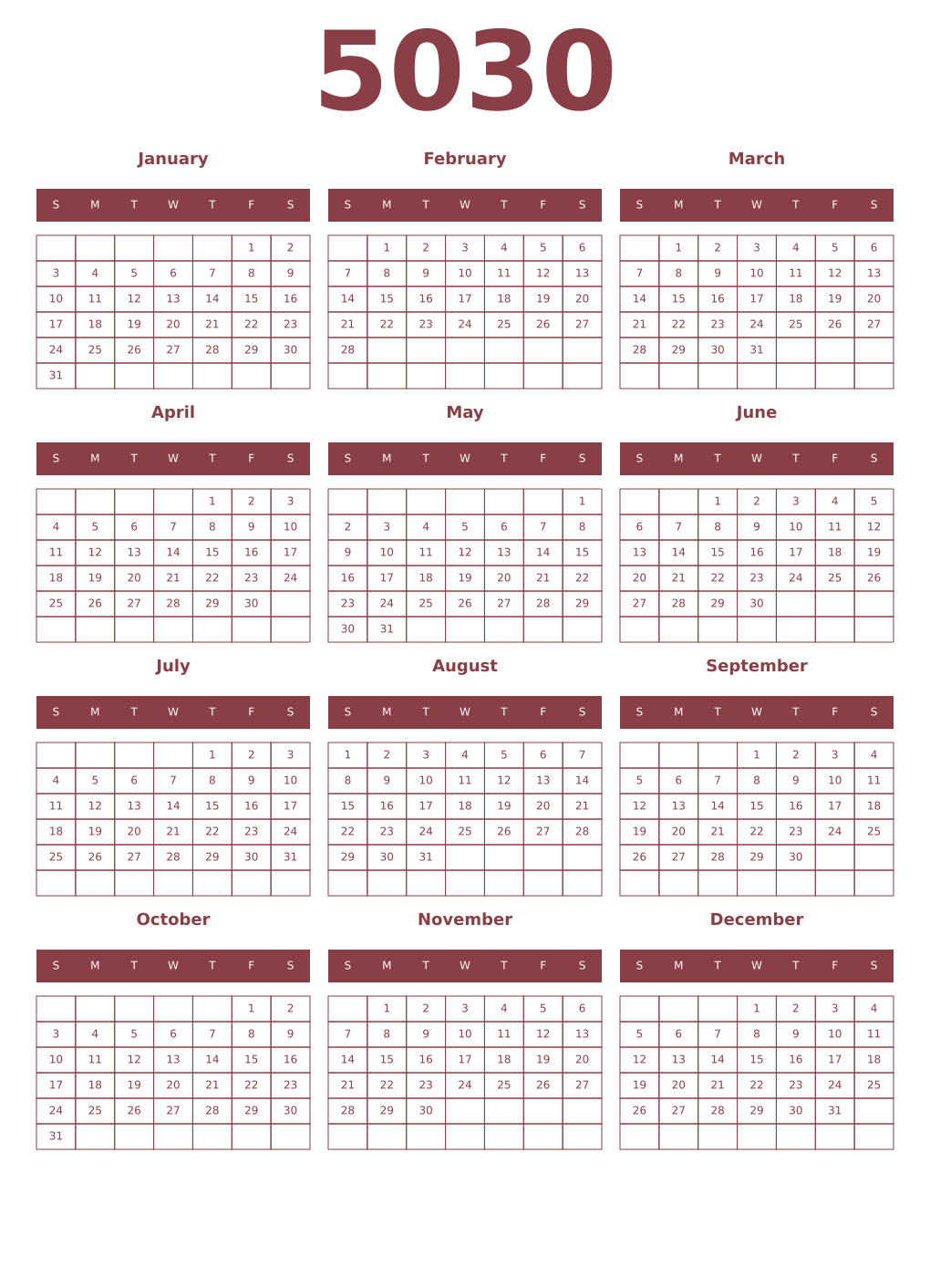Printable 5030 Year Calendars cordovan