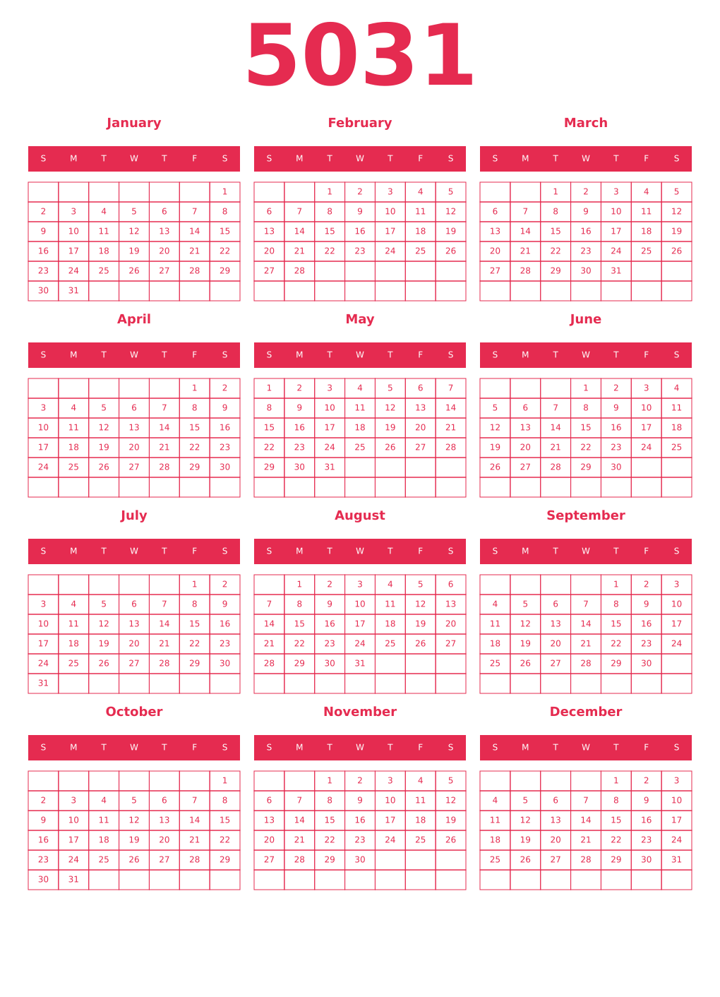 Printable 5031 Year Calendars amaranth