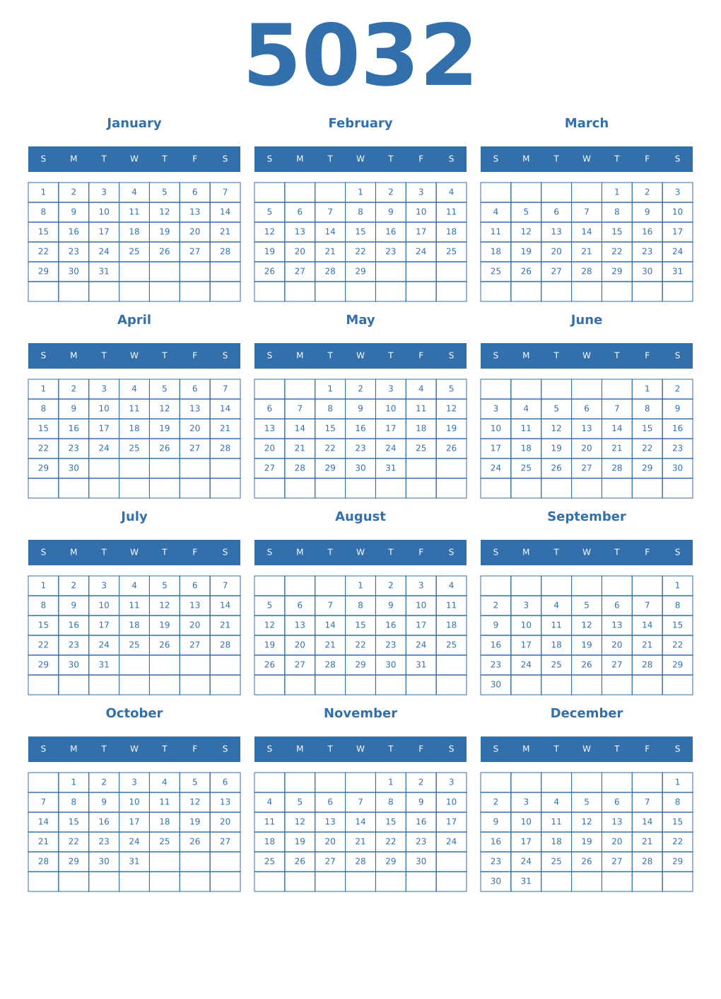 Printable 5032 Year Calendars blue