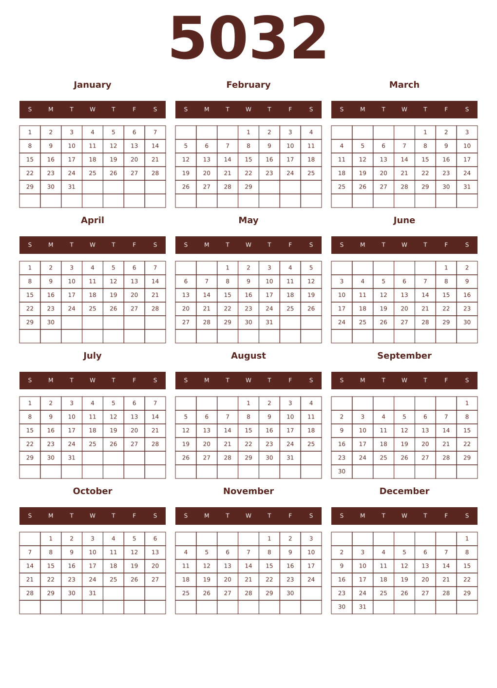 Printable 5032 Year Calendars mortuum