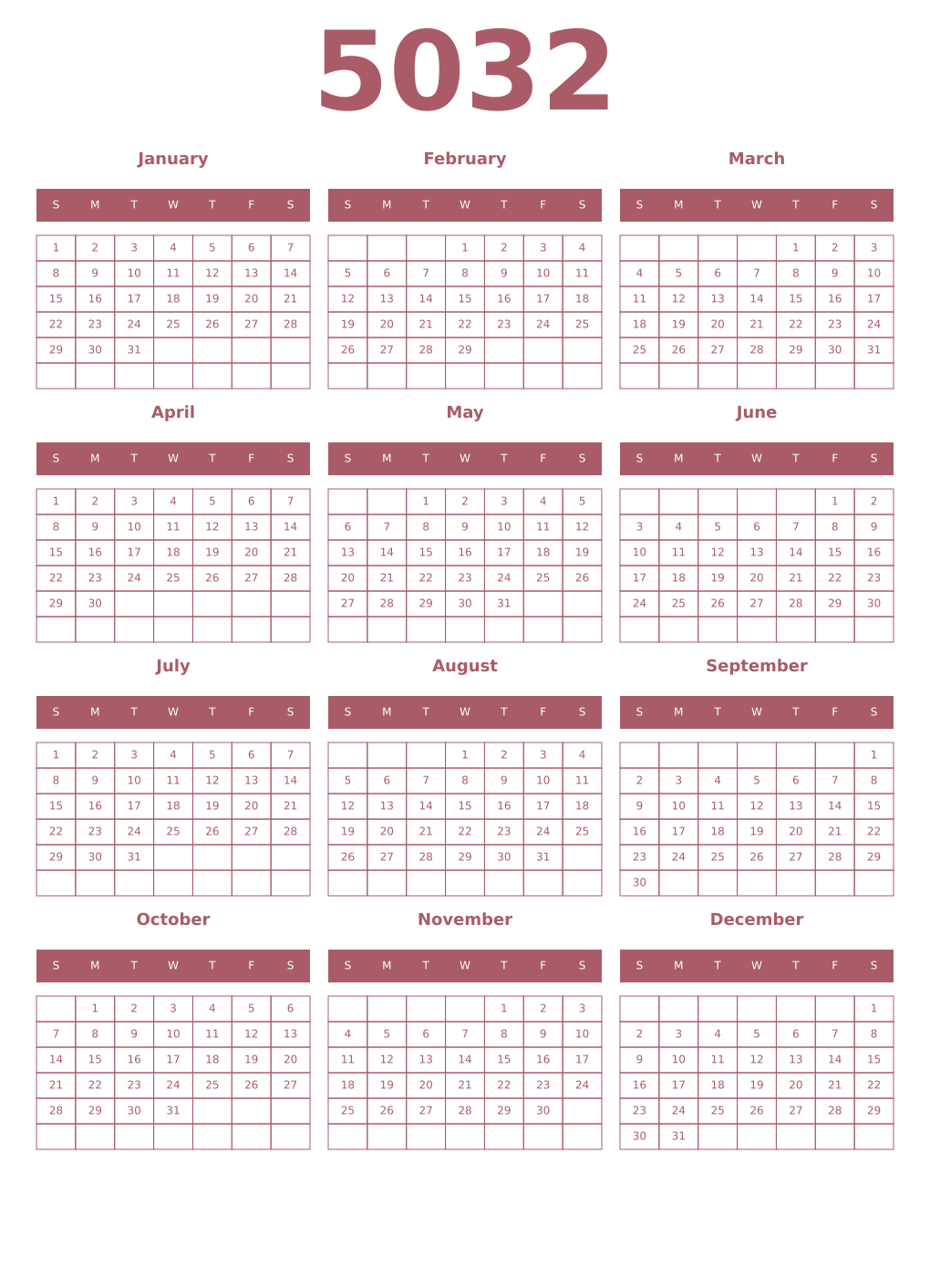 Printable 5032 Year Calendars puce