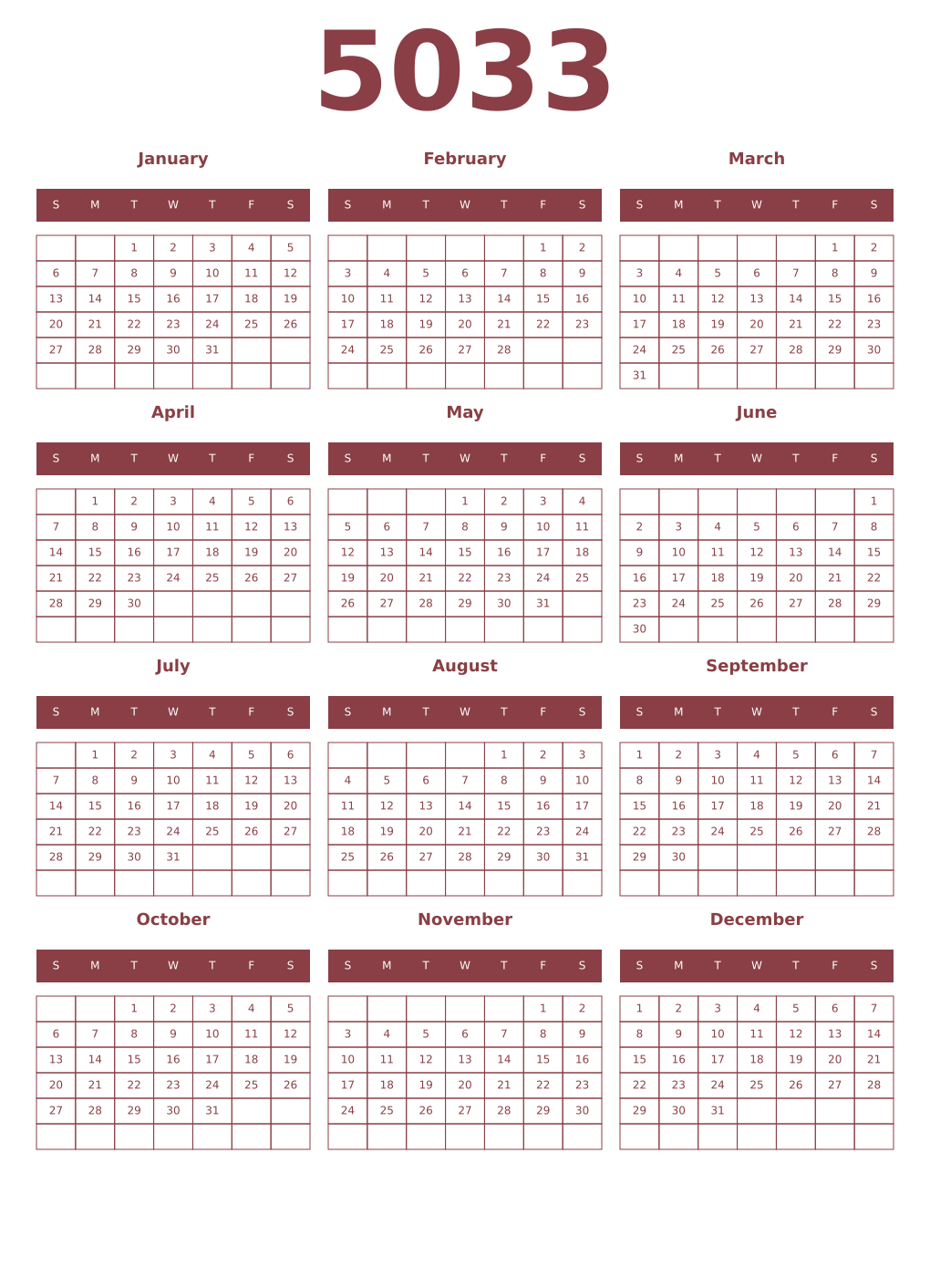 Printable 5033 Year Calendars cordovan