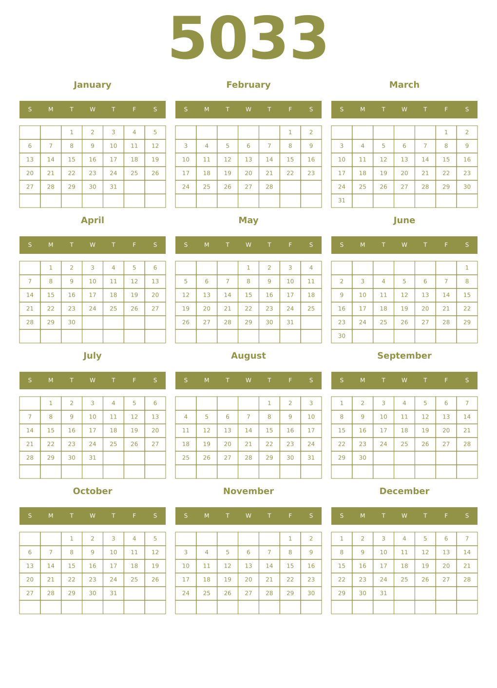 Printable 5033 Year Calendars eburnean