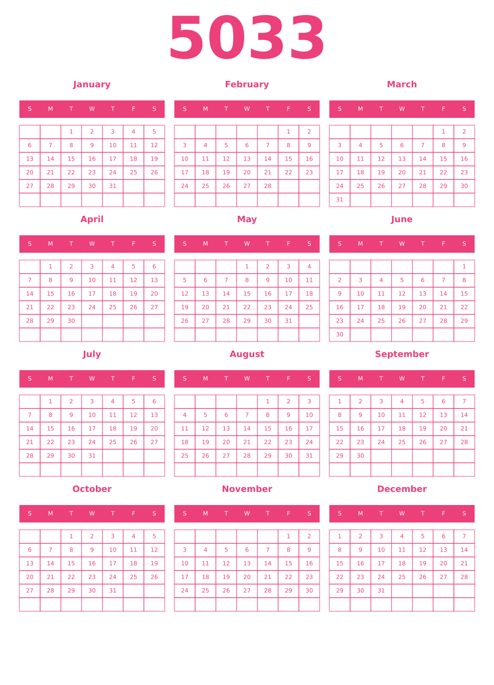 Printable 5033 Year Calendars pink