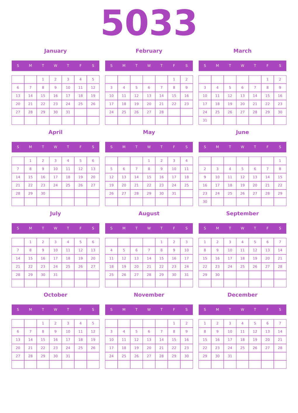Printable 5033 Year Calendars purple