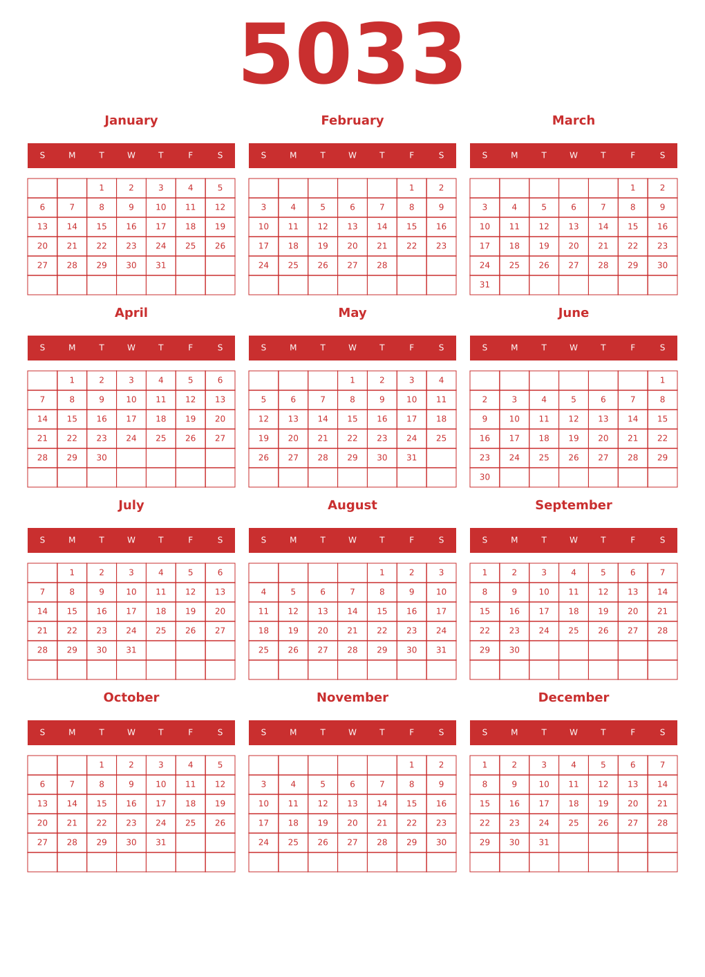 Printable 5033 Year Calendars red
