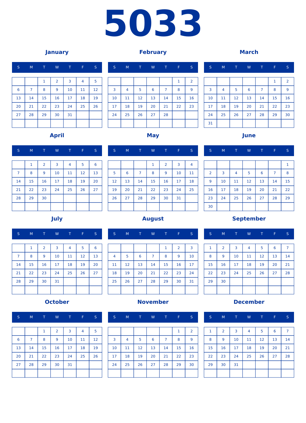Printable 5033 Year Calendars smalt