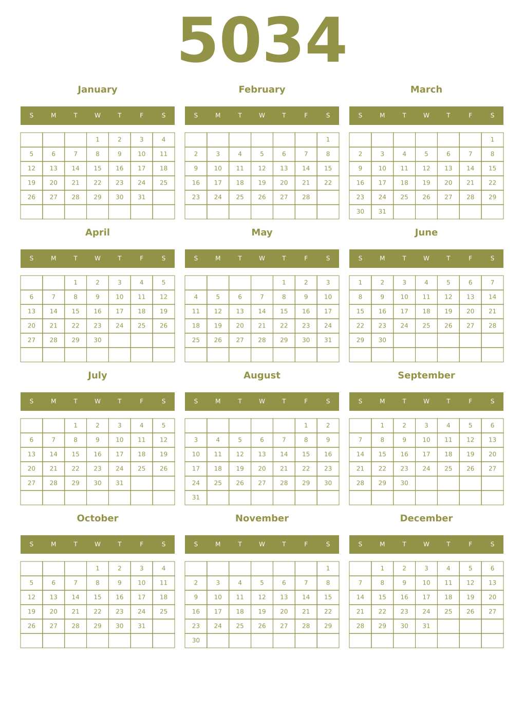 Printable 5034 Year Calendars eburnean