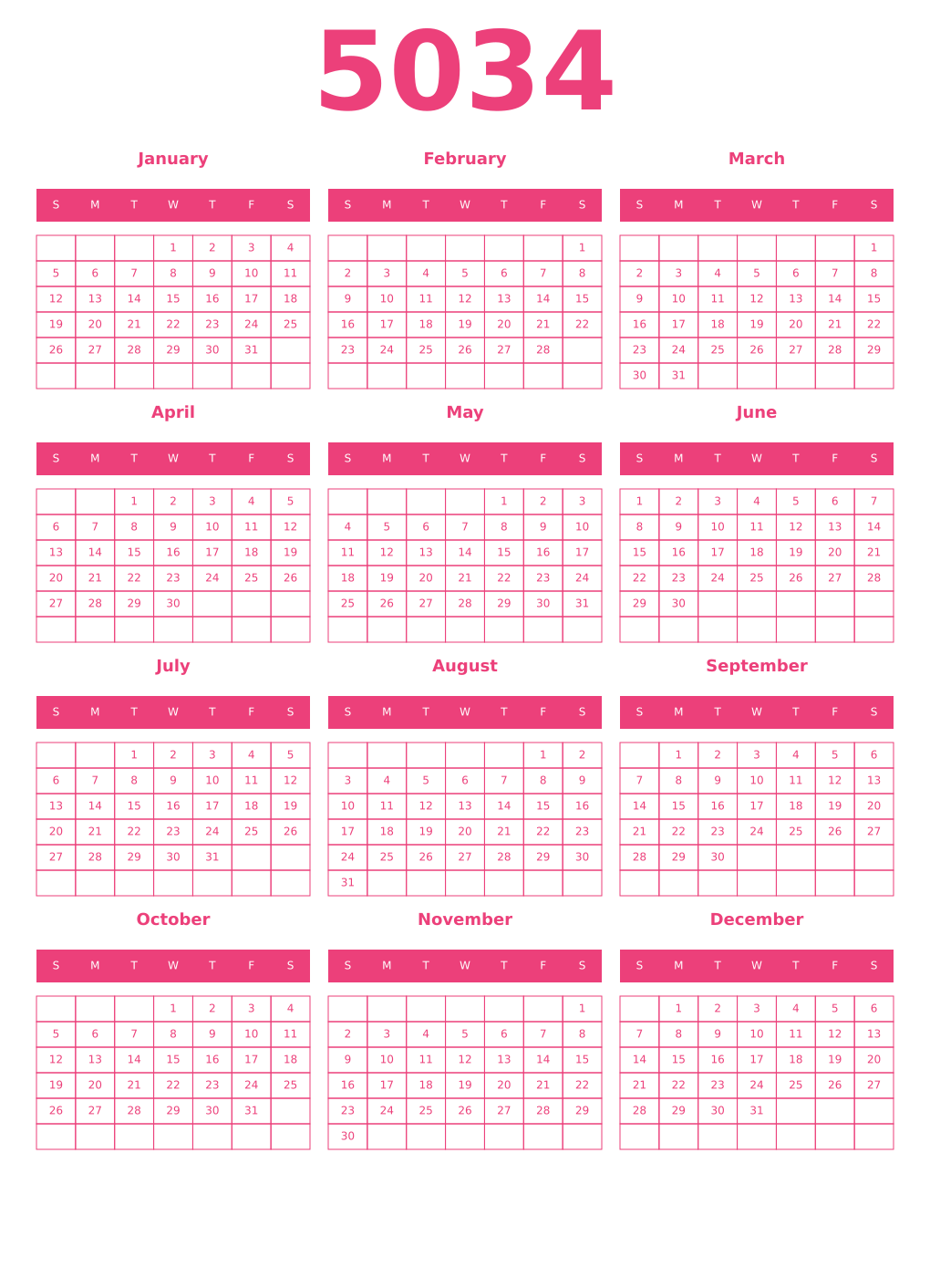 Printable 5034 Year Calendars pink