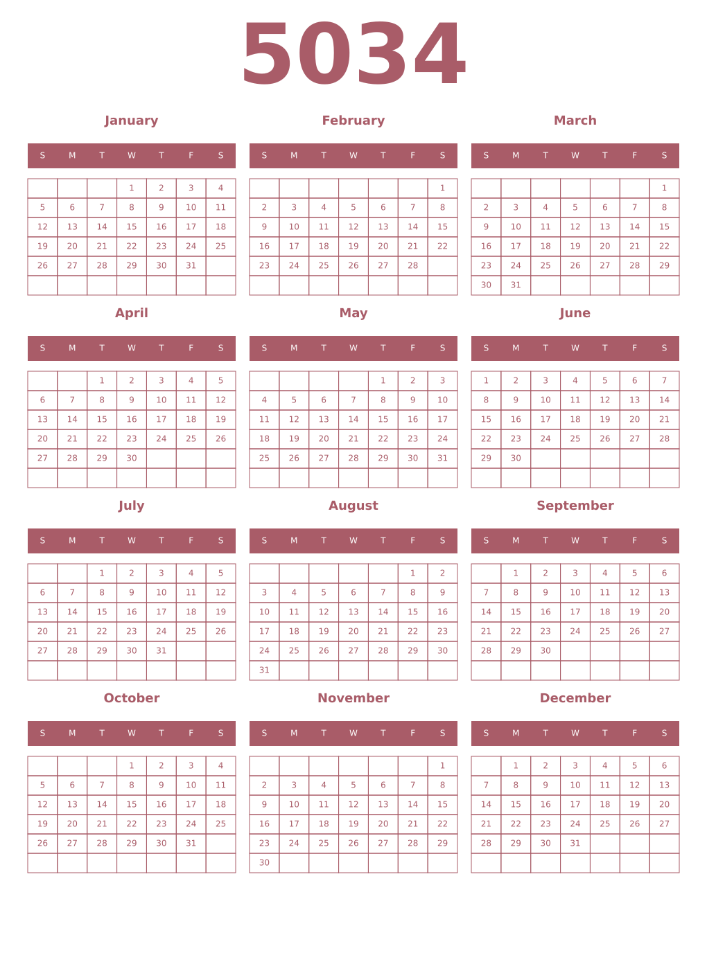 Printable 5034 Year Calendars puce