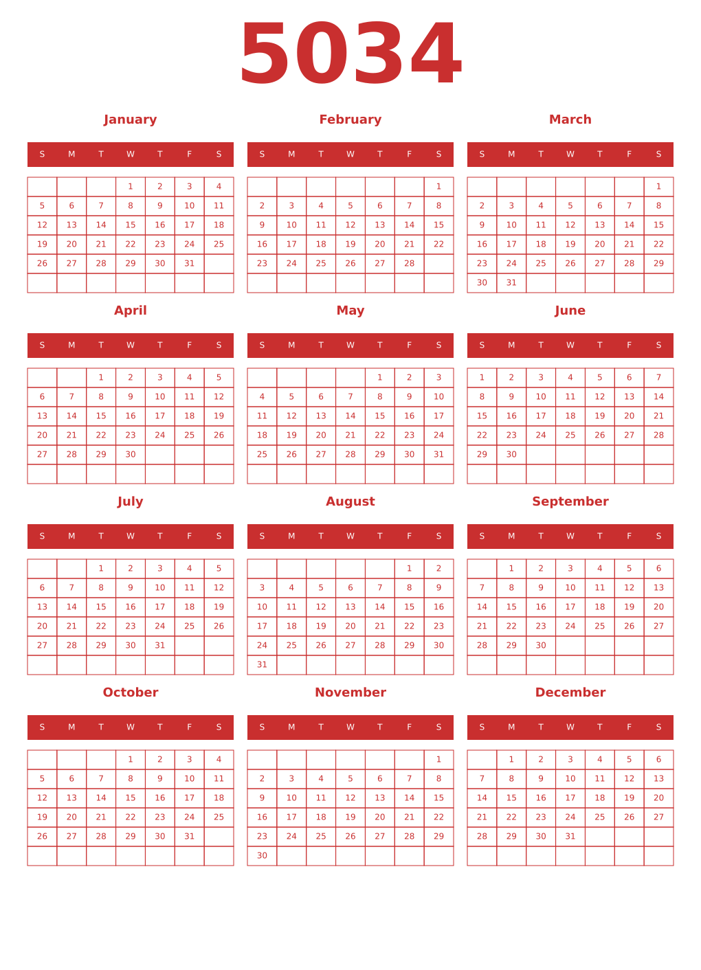 Printable 5034 Year Calendars red