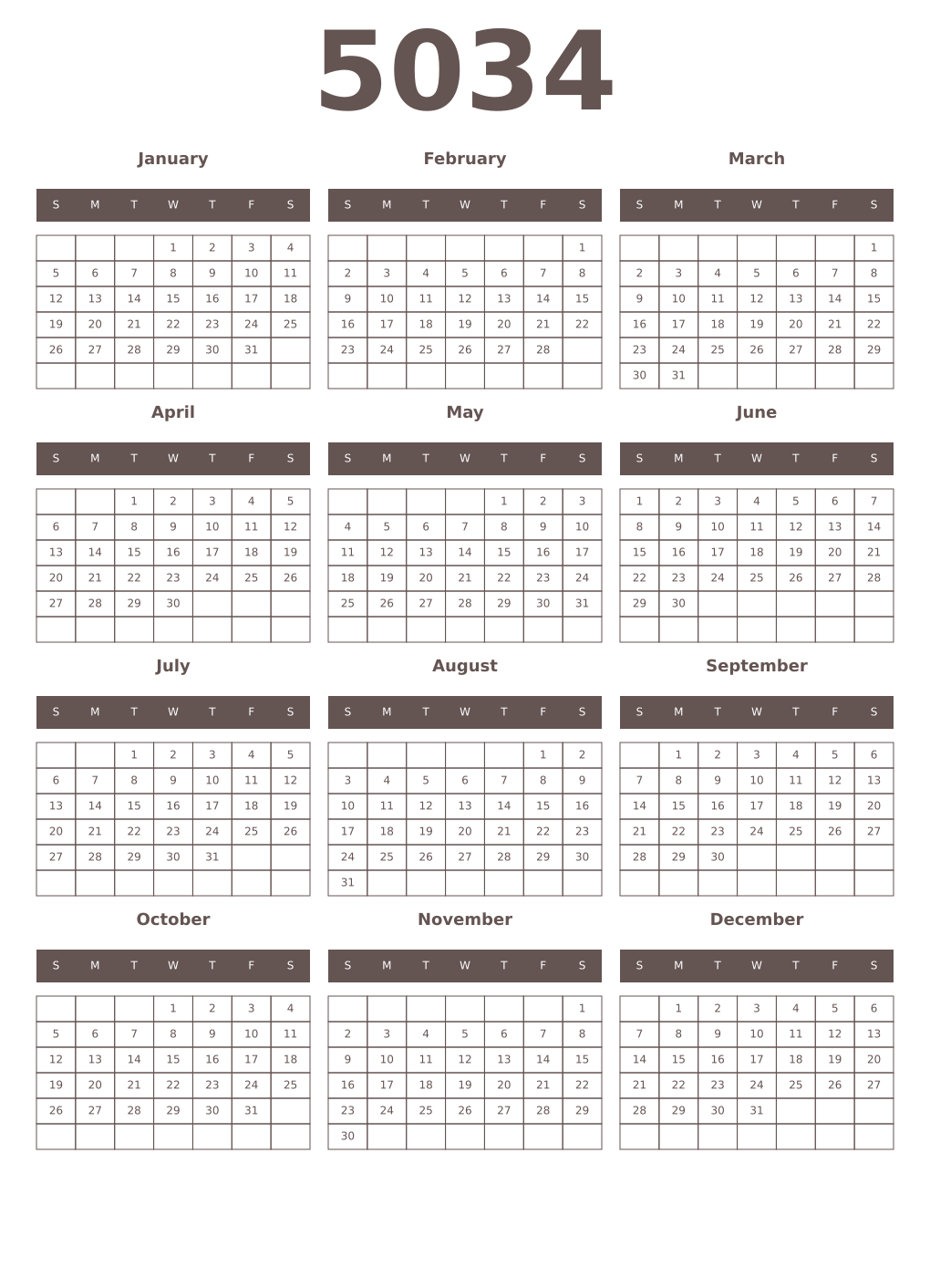 Printable 5034 Year Calendars wenge