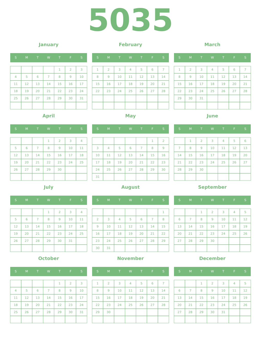 Printable 5035 Year Calendars celadon