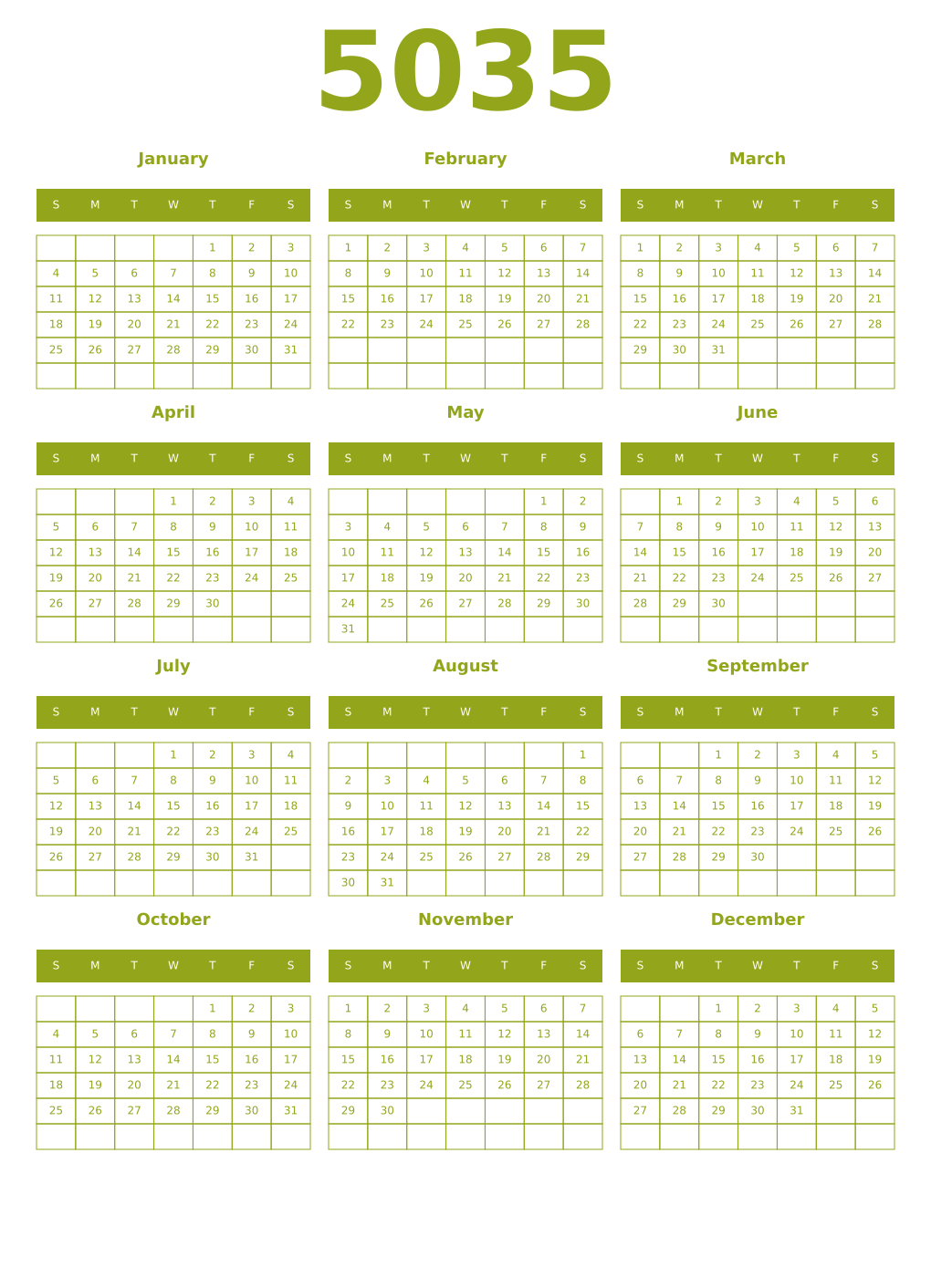 Printable 5035 Year Calendars chartreuse