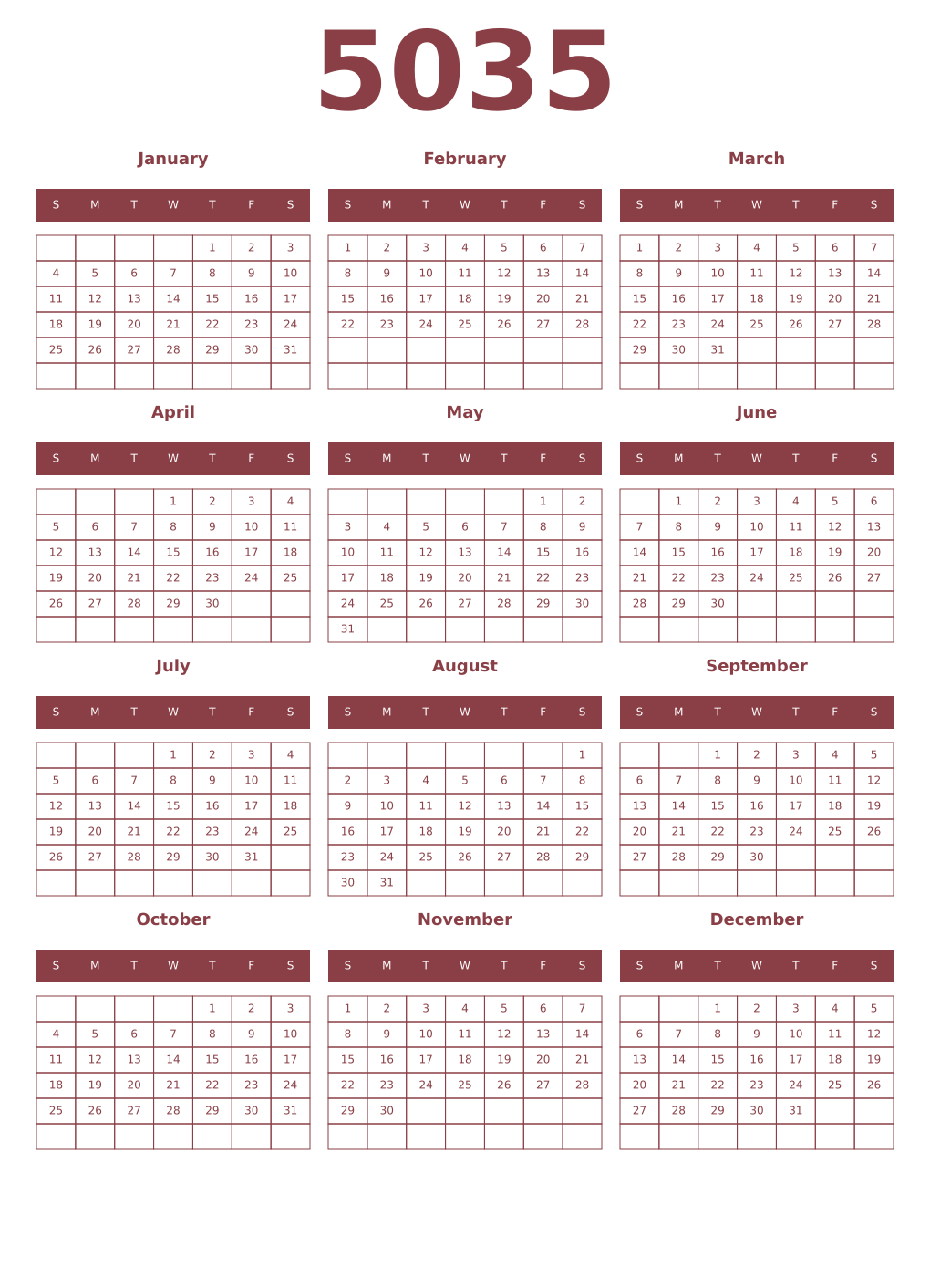Printable 5035 Year Calendars cordovan