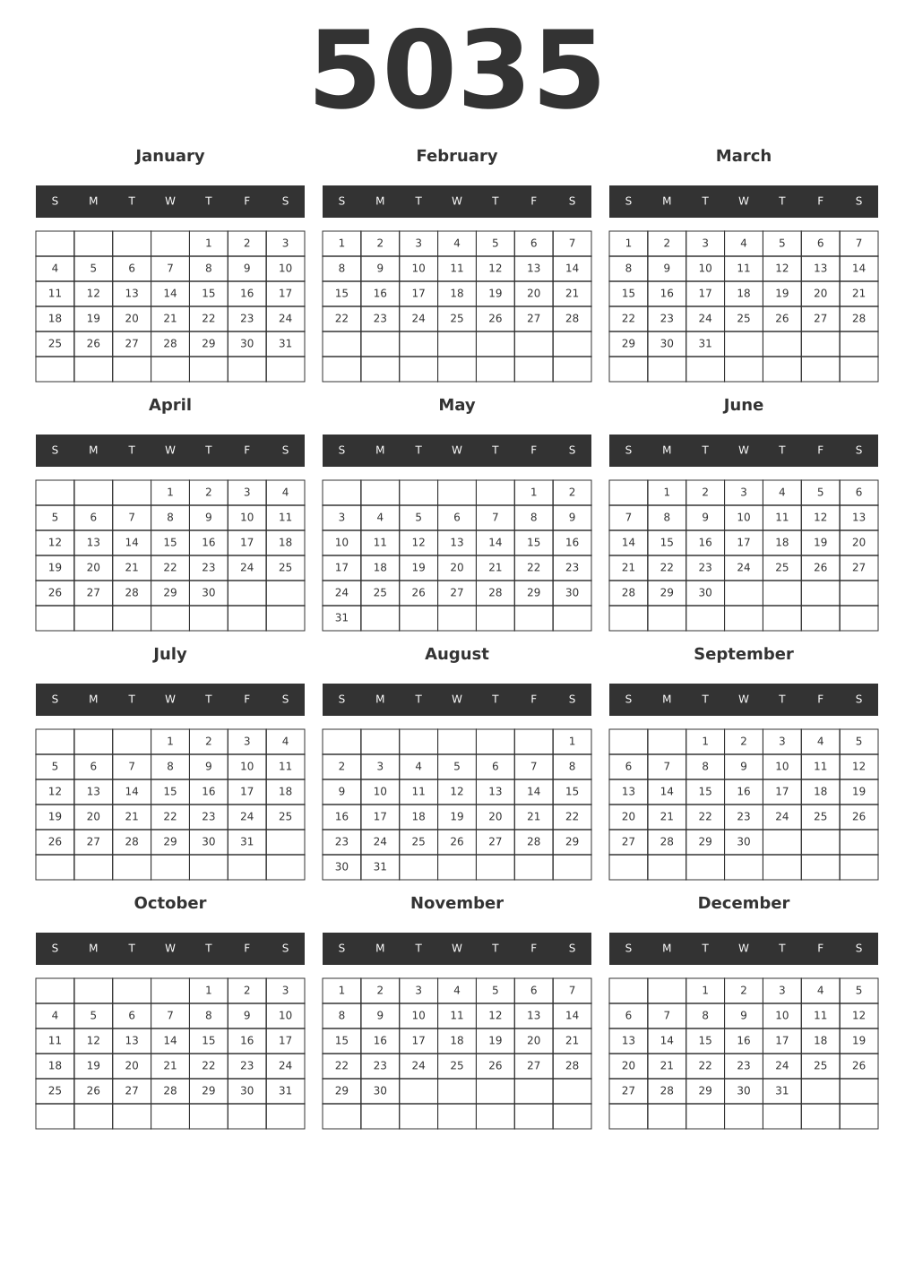 Printable 5035 Year Calendars dark