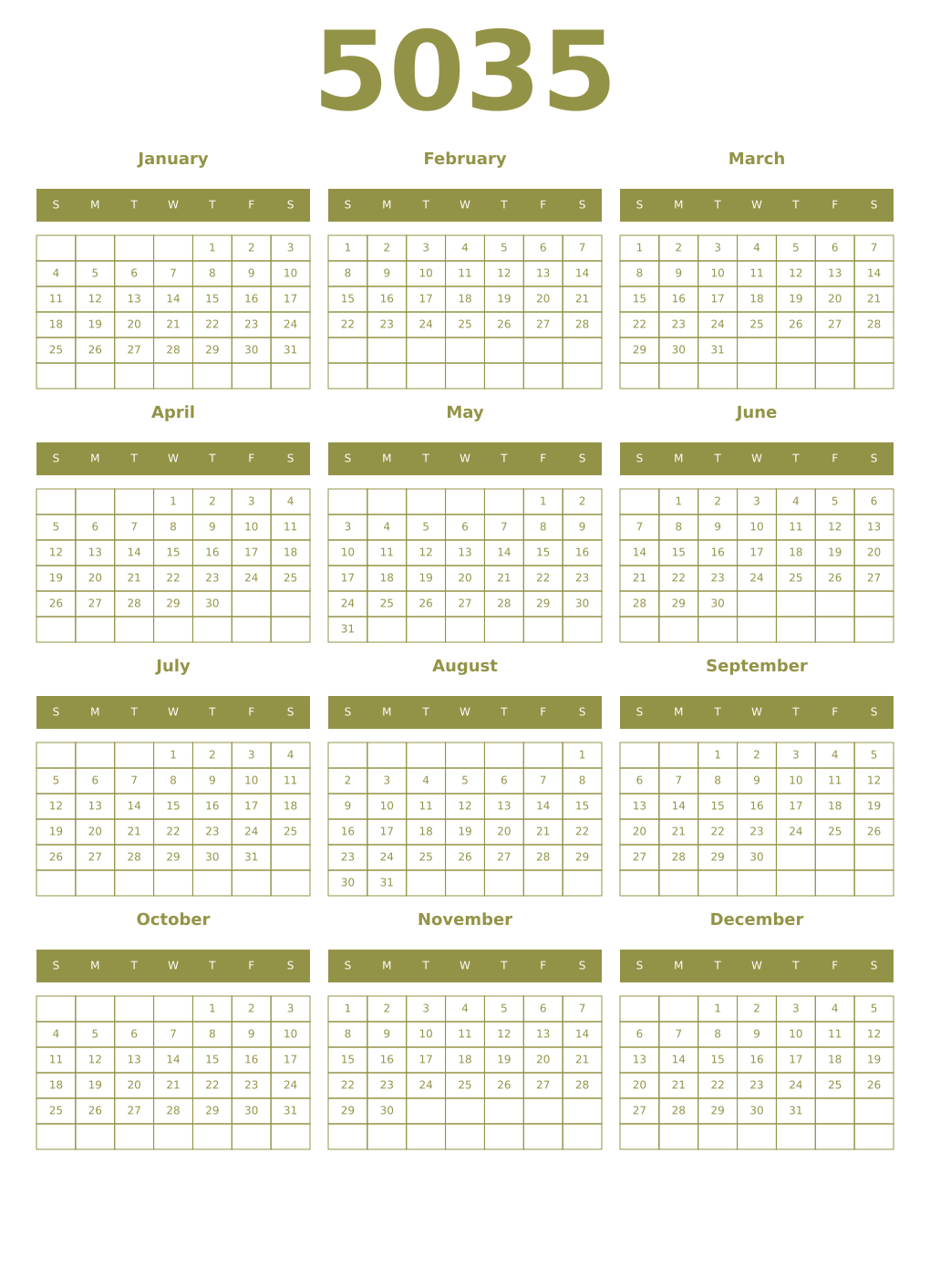 Printable 5035 Year Calendars eburnean