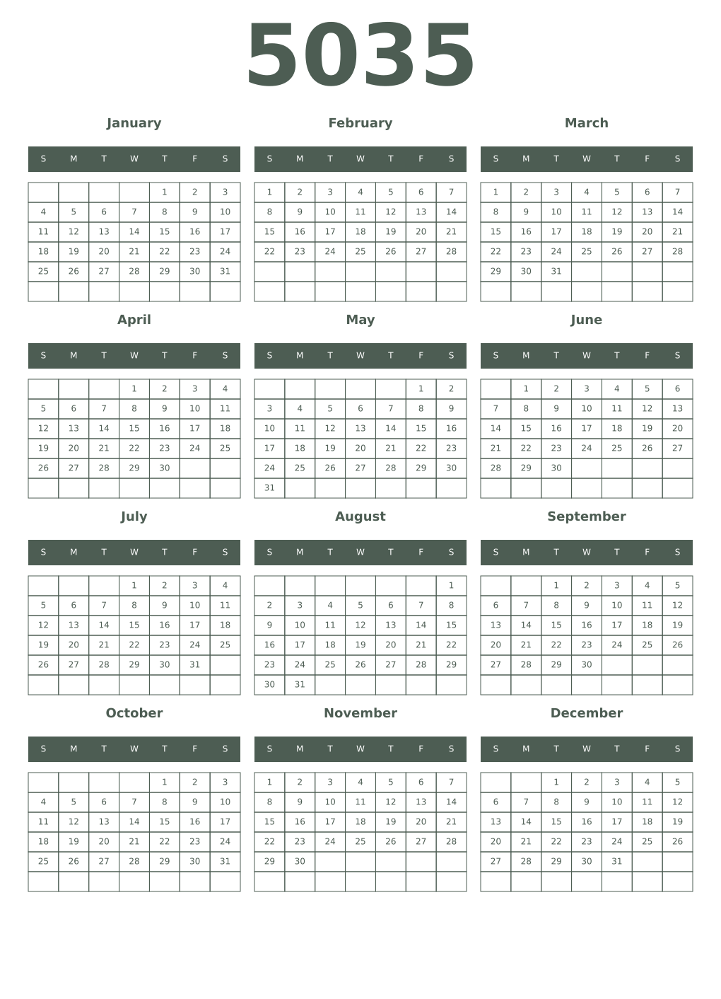 Printable 5035 Year Calendars feldgrau
