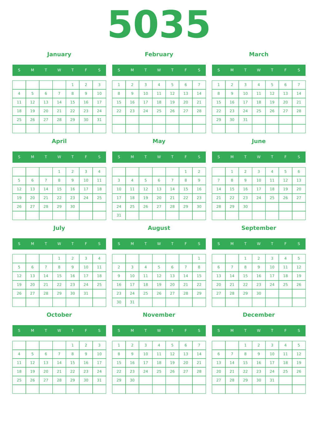 Printable 5035 Year Calendars green