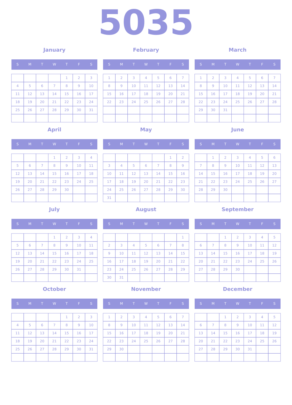 Printable 5035 Year Calendars periwinkle