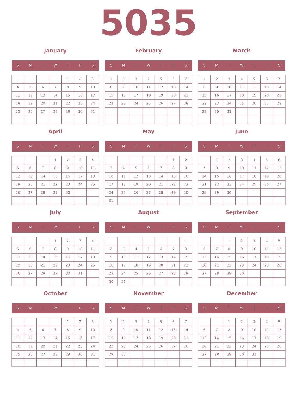 Printable 5035 Year Calendars puce
