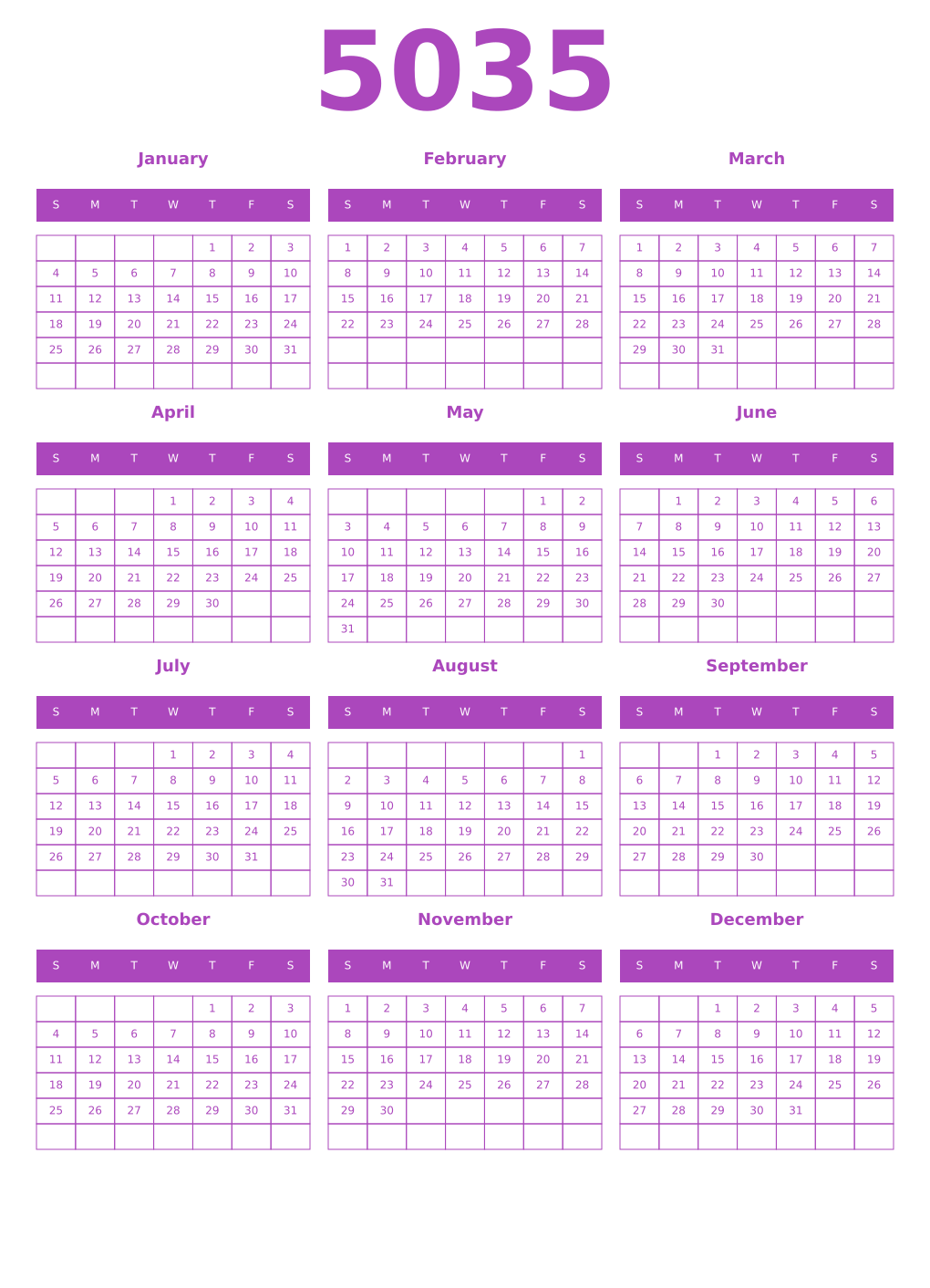 Printable 5035 Year Calendars purple