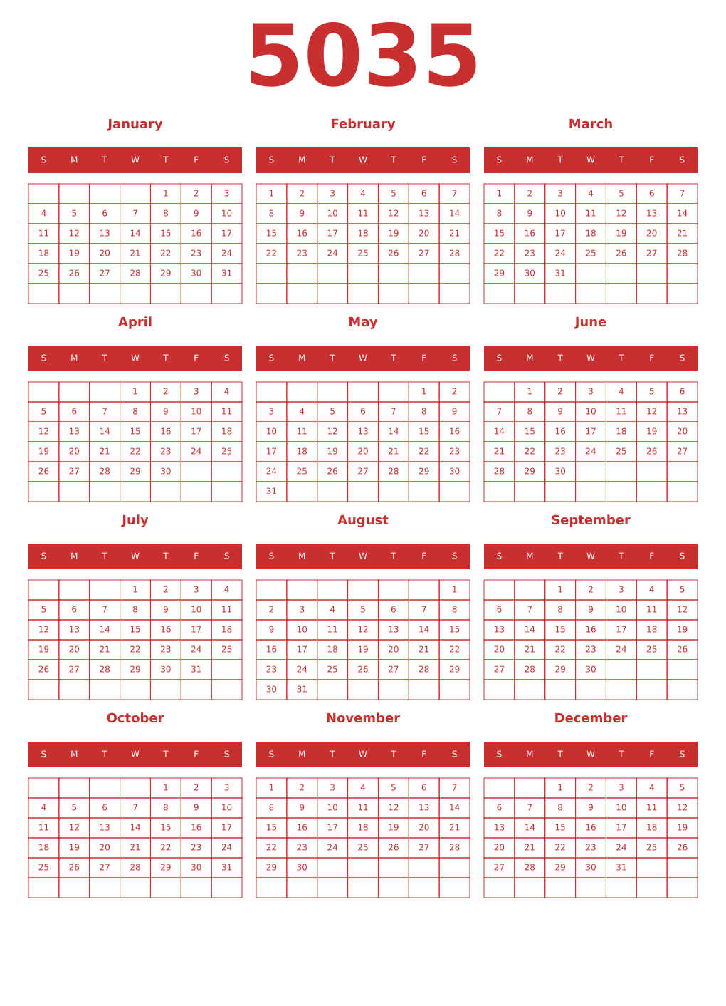 Printable 5035 Year Calendars red
