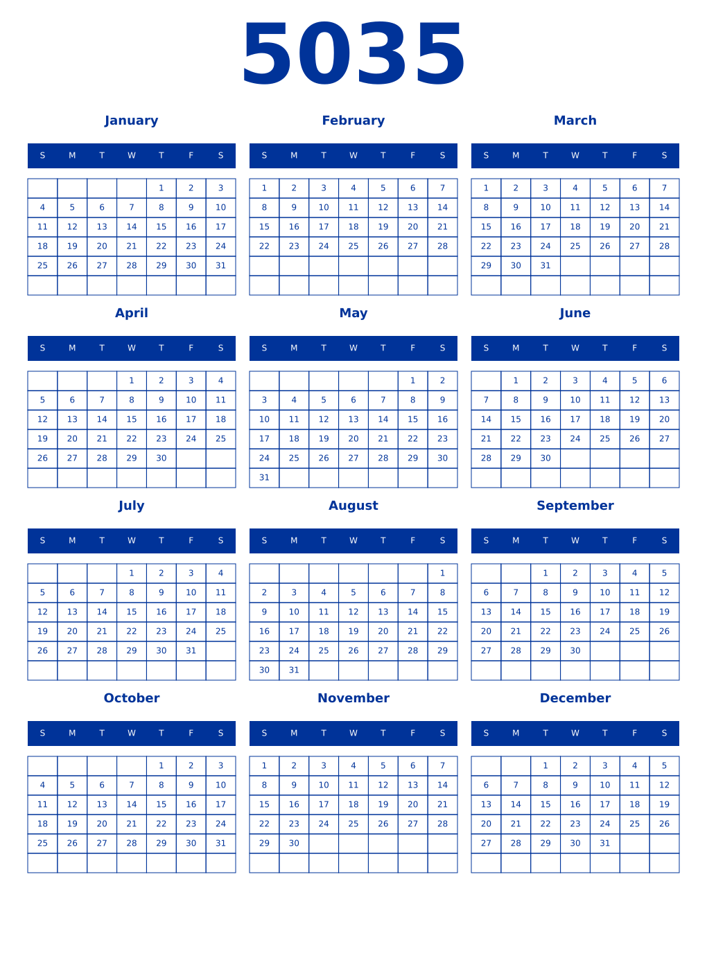 Printable 5035 Year Calendars smalt