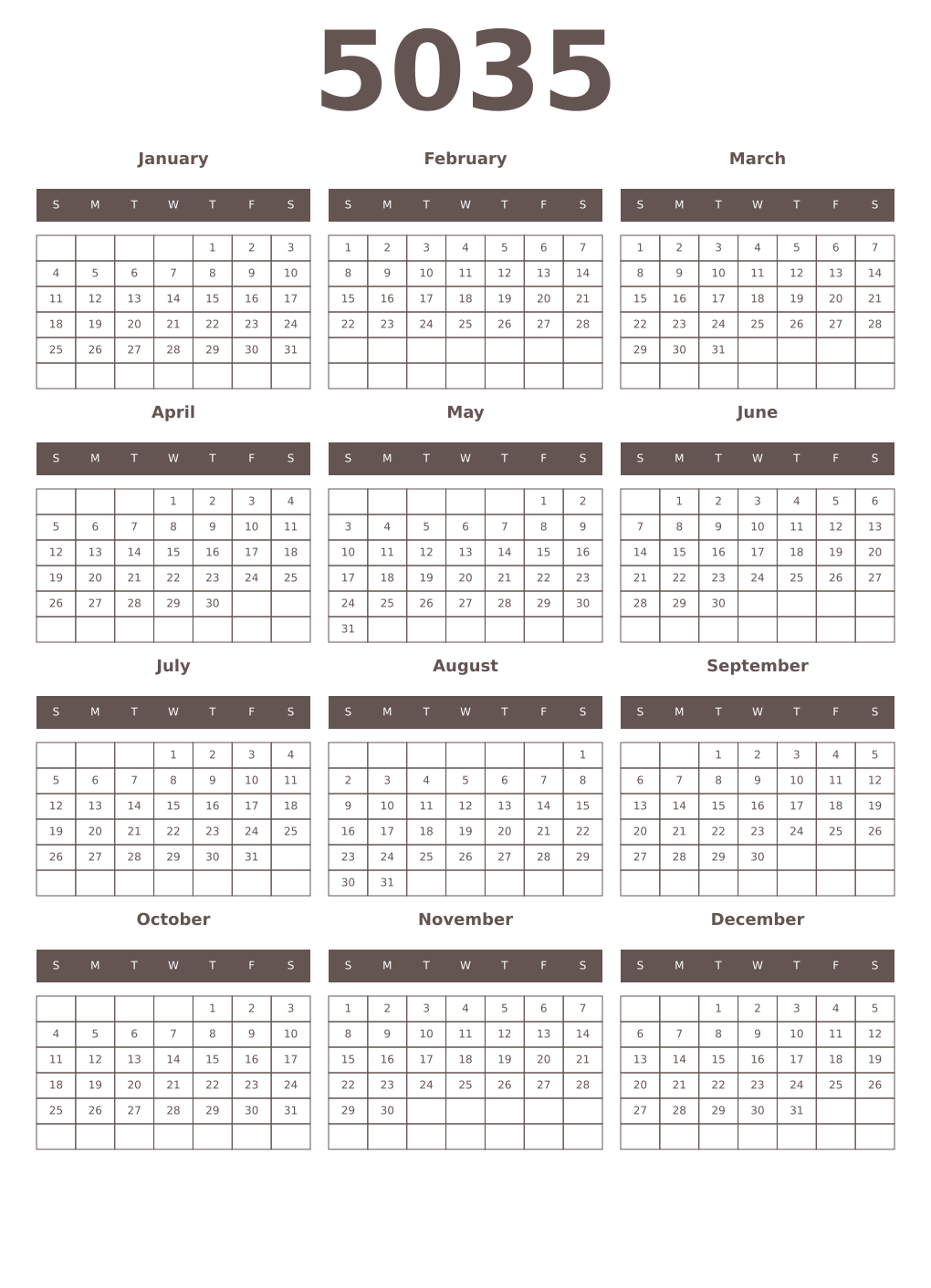 Printable 5035 Year Calendars wenge