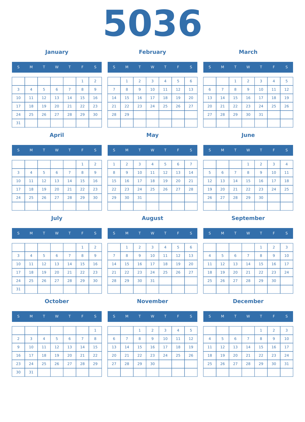 Printable 5036 Year Calendars blue