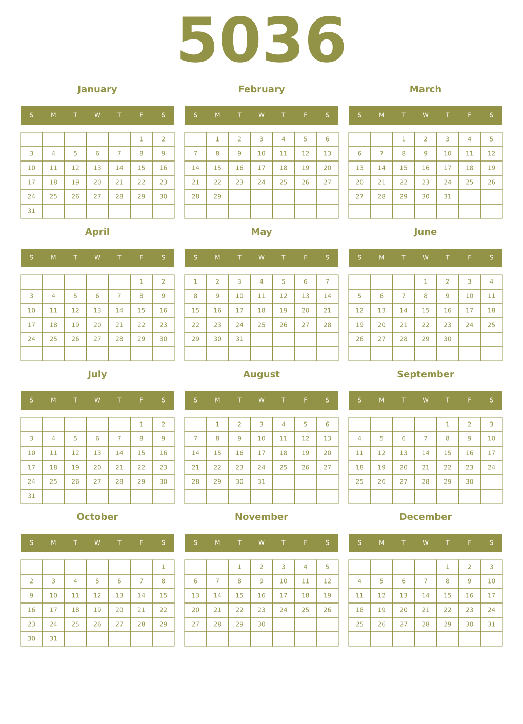 Printable 5036 Year Calendars eburnean