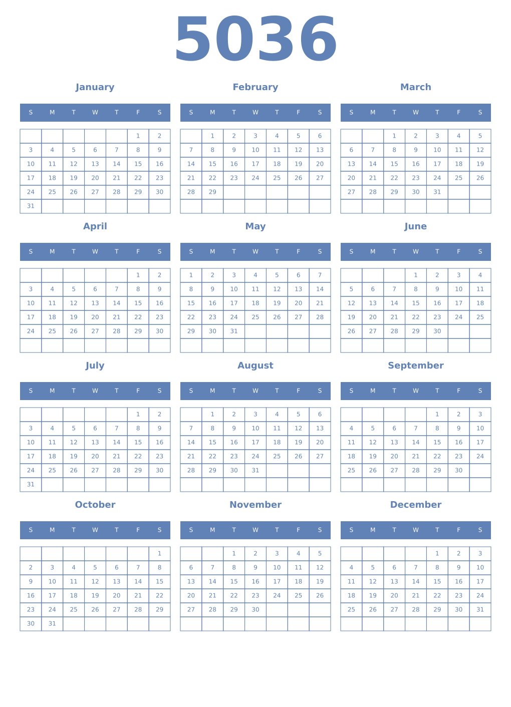 Printable 5036 Year Calendars glaucous
