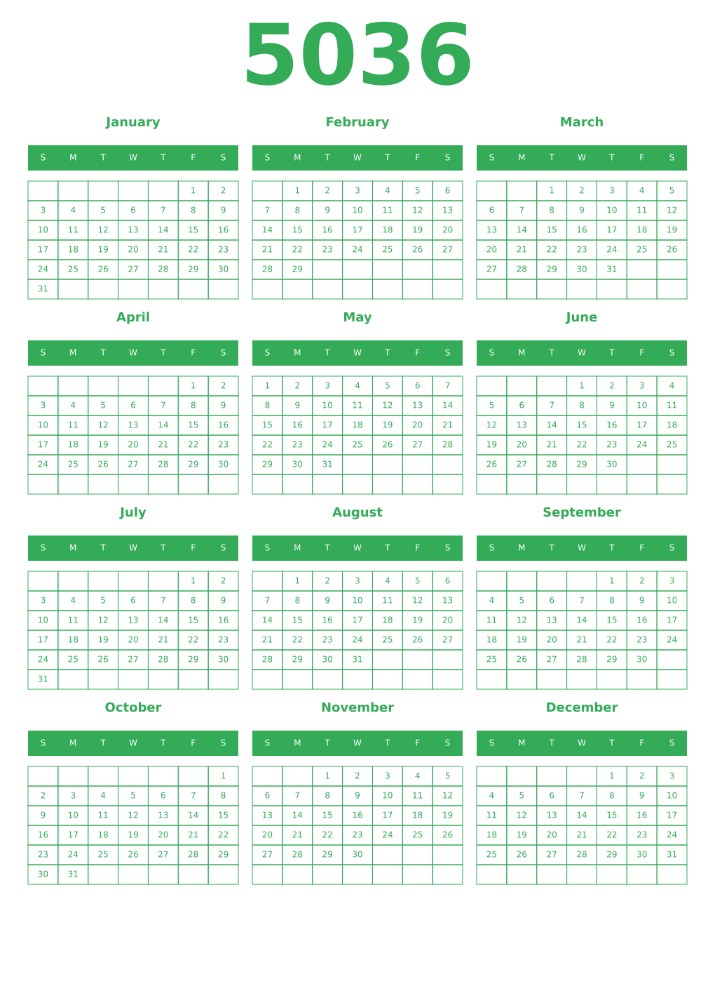 Printable 5036 Year Calendars green