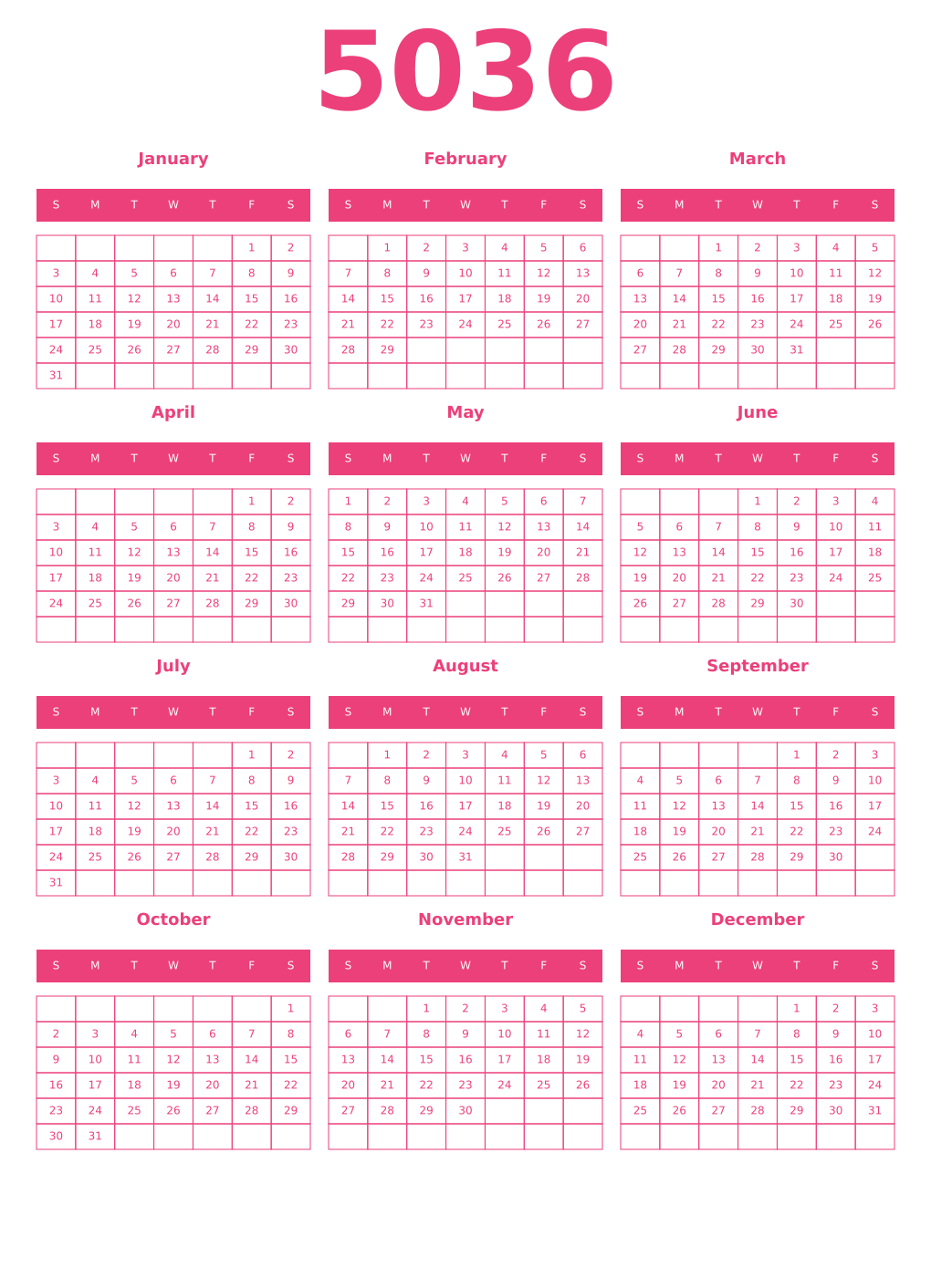 Printable 5036 Year Calendars pink