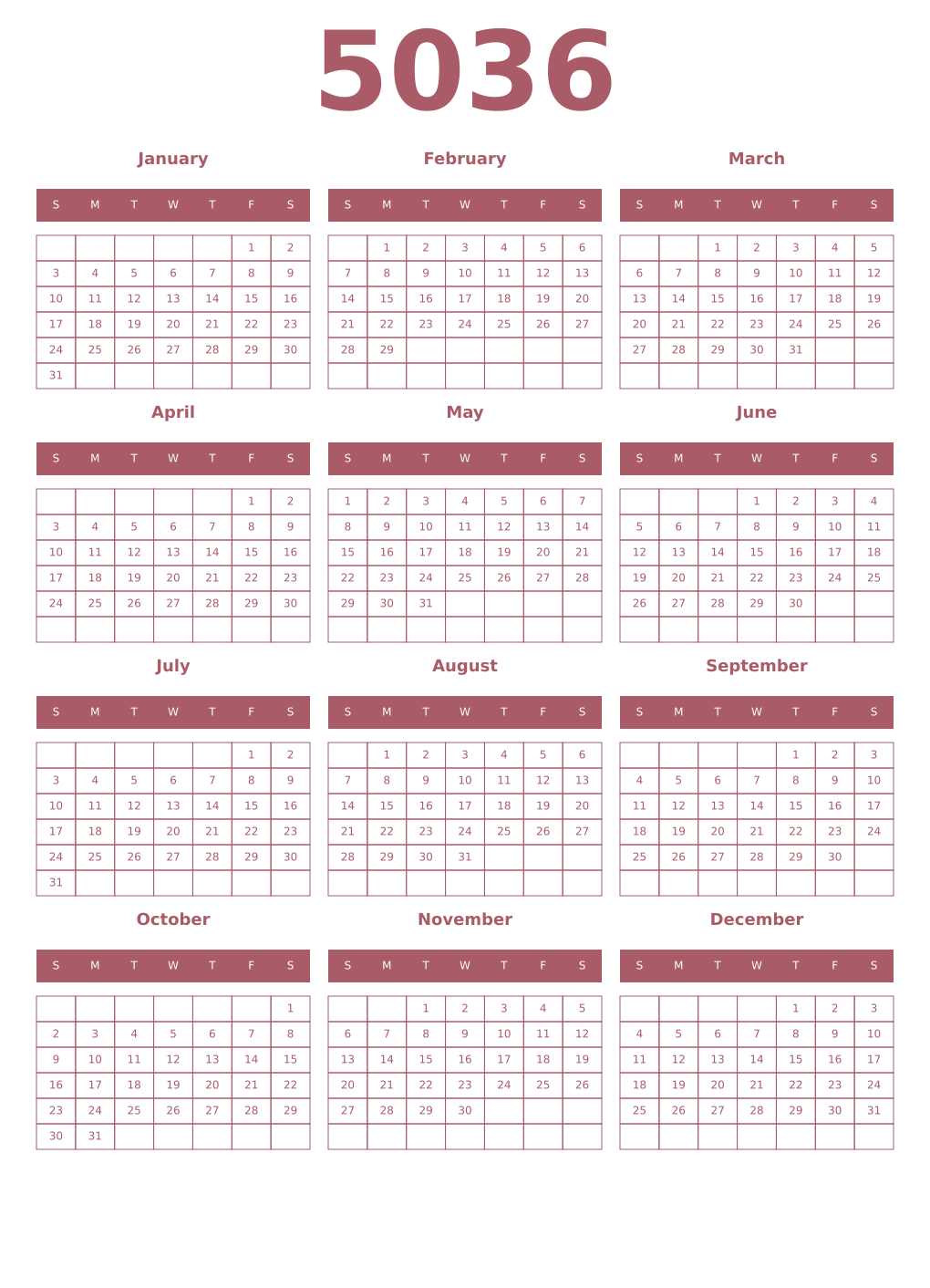 Printable 5036 Year Calendars puce