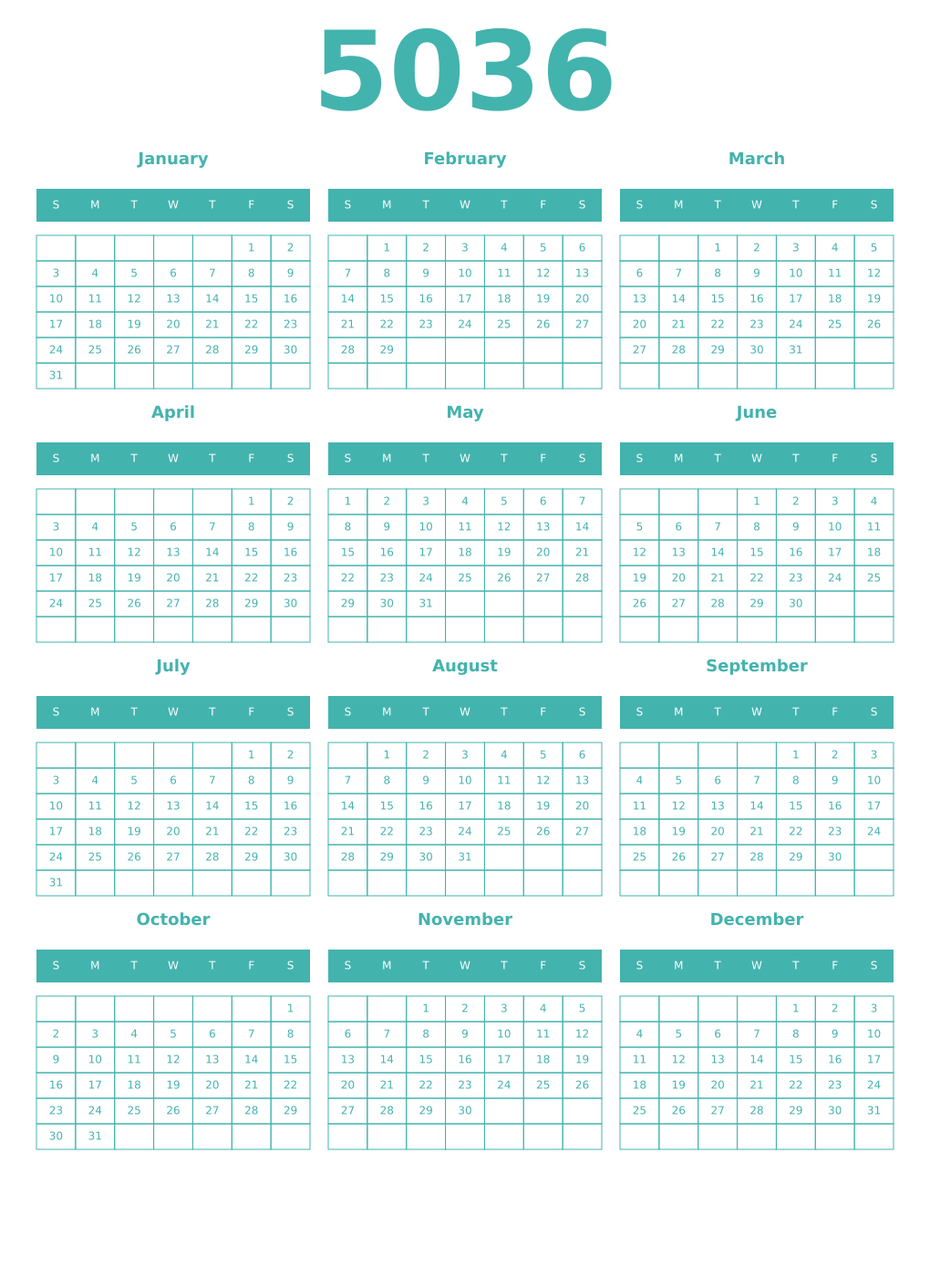 Printable 5036 Year Calendars verdigris